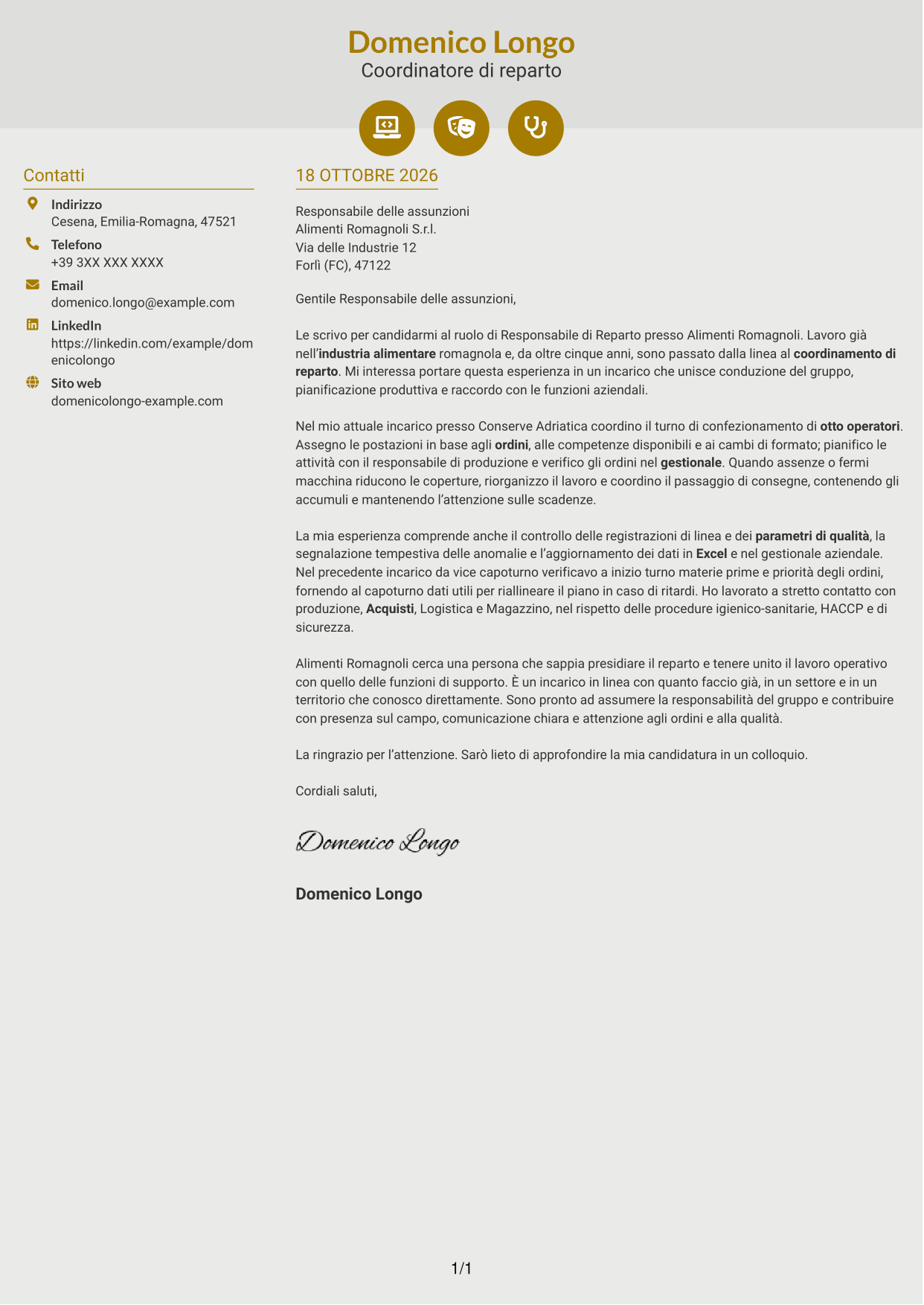 Lettera di presentazione Dinamico (formato a due colonne con icone): Responsabile di Reparto - Produzione Alimentare, pagina 1