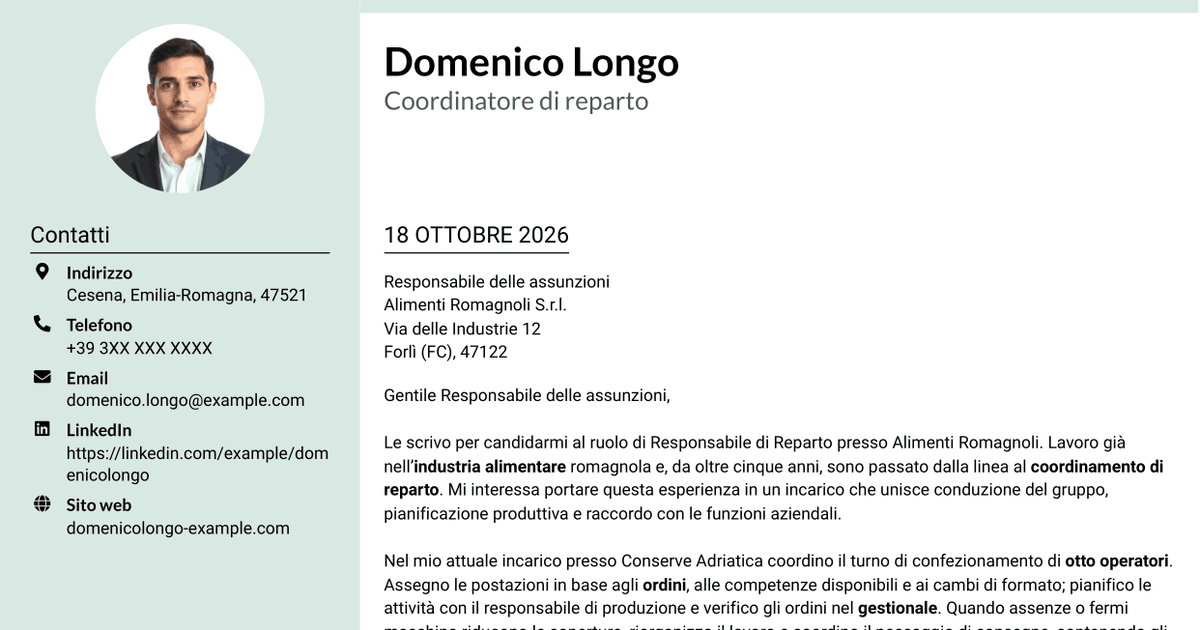 7 modelli di lettera di presentazione per Responsabile di Reparto - Produzione Alimentare, con esempi