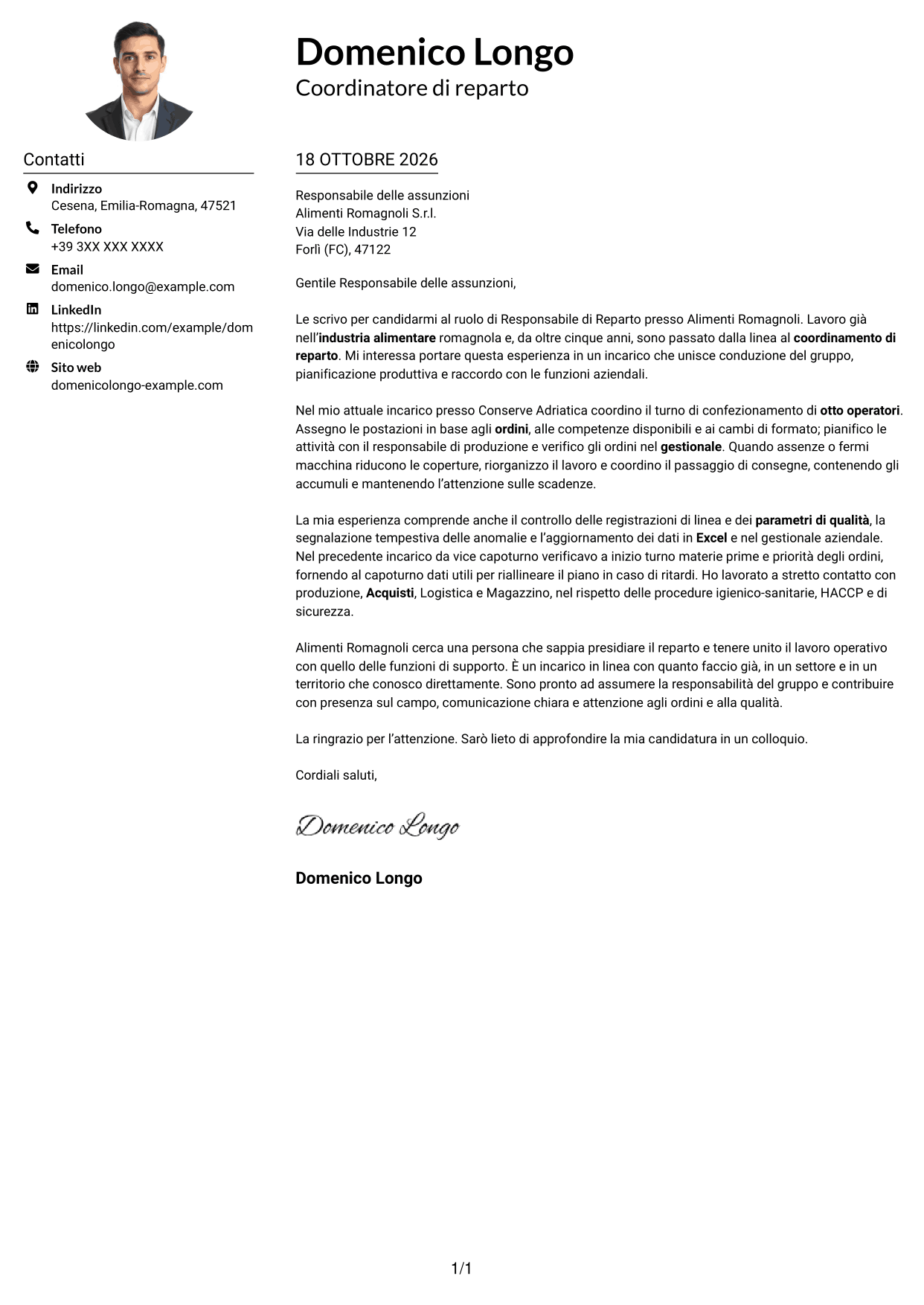 Esempio di lettera di presentazione — pagina 1