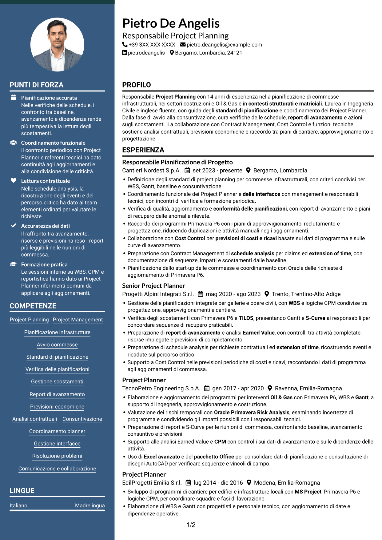 CV Elegante (formato con colonna laterale colorata e foto): Responsabile Project Planning Costruzioni, pagina 1