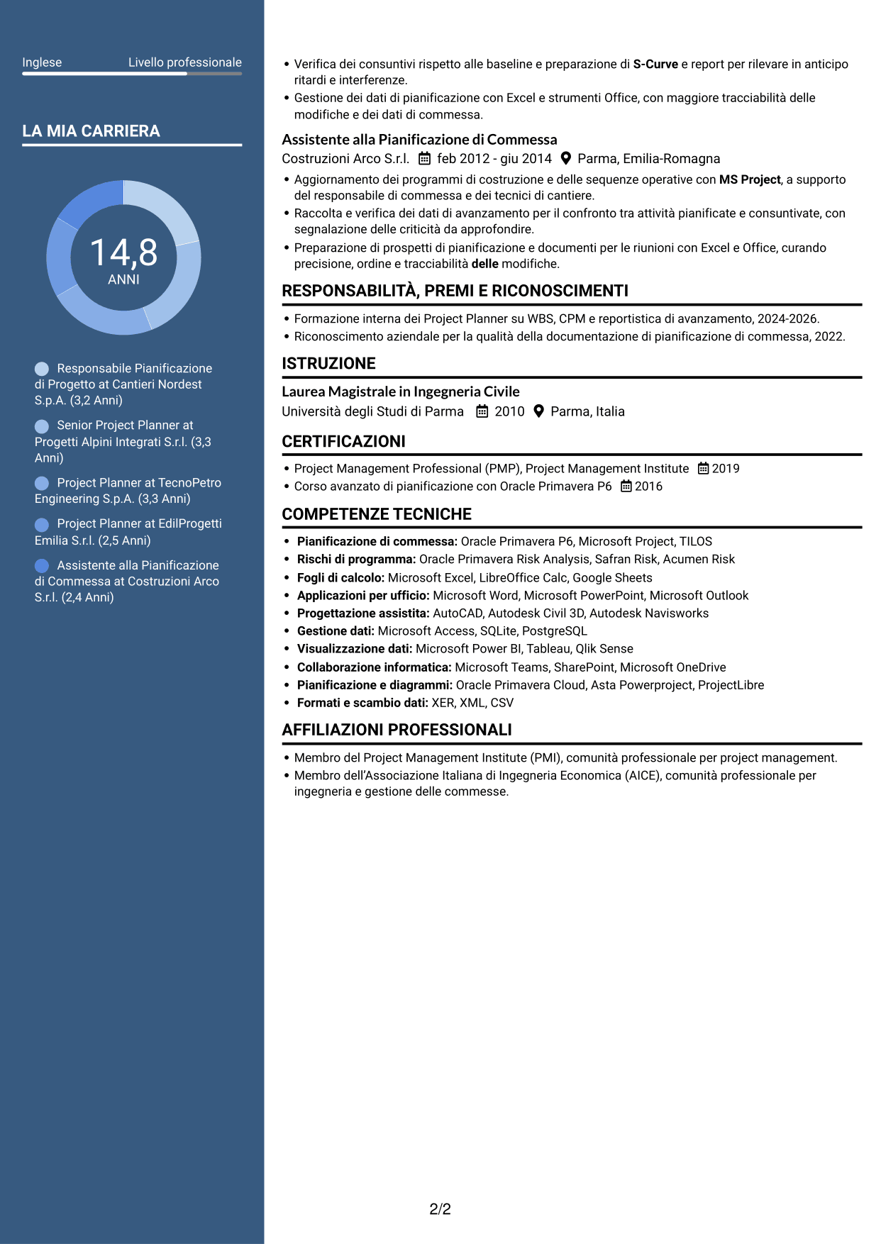 CV Elegante (formato con colonna laterale colorata e foto): Responsabile Project Planning Costruzioni, pagina 2