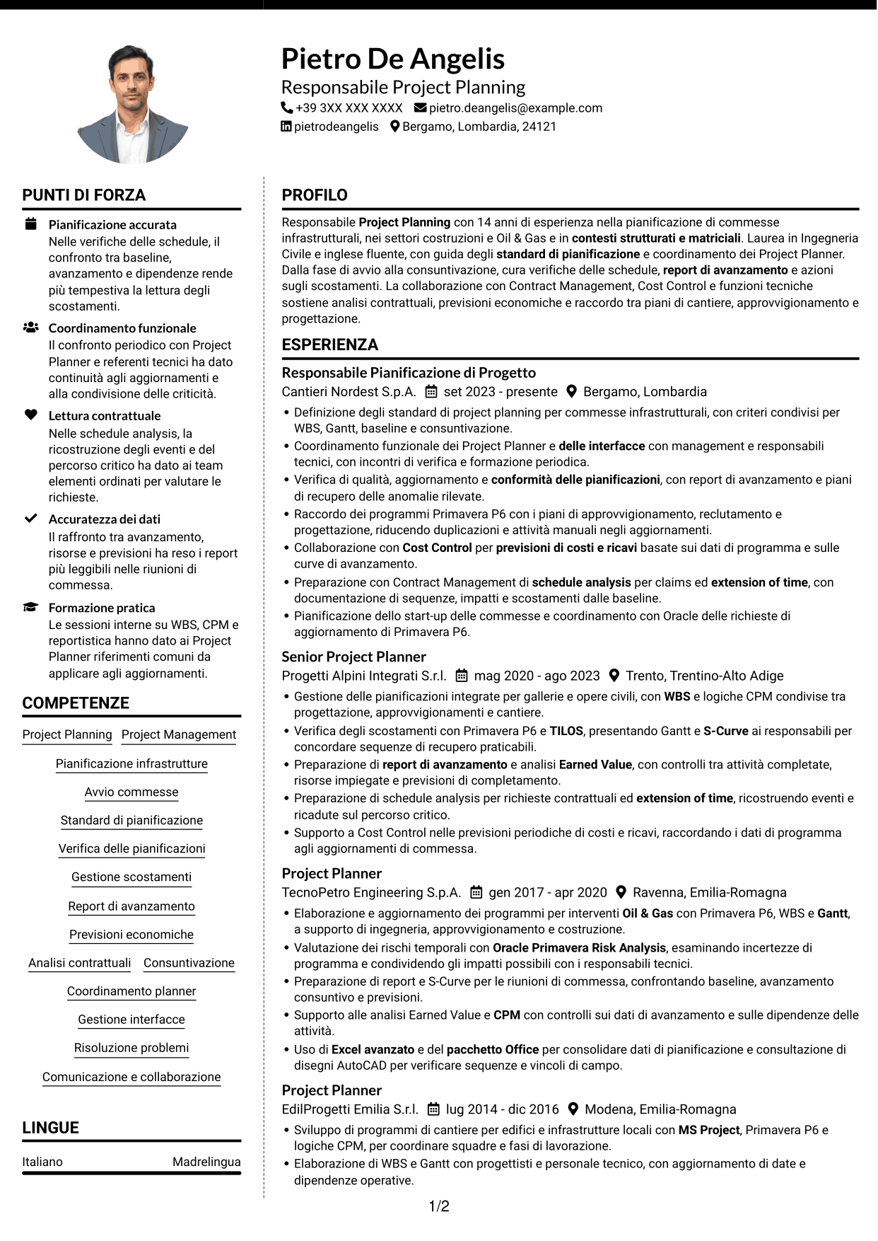 CV Moderno (formato a due colonne con foto a sinistra e separatore): Responsabile Project Planning Costruzioni, pagina 1