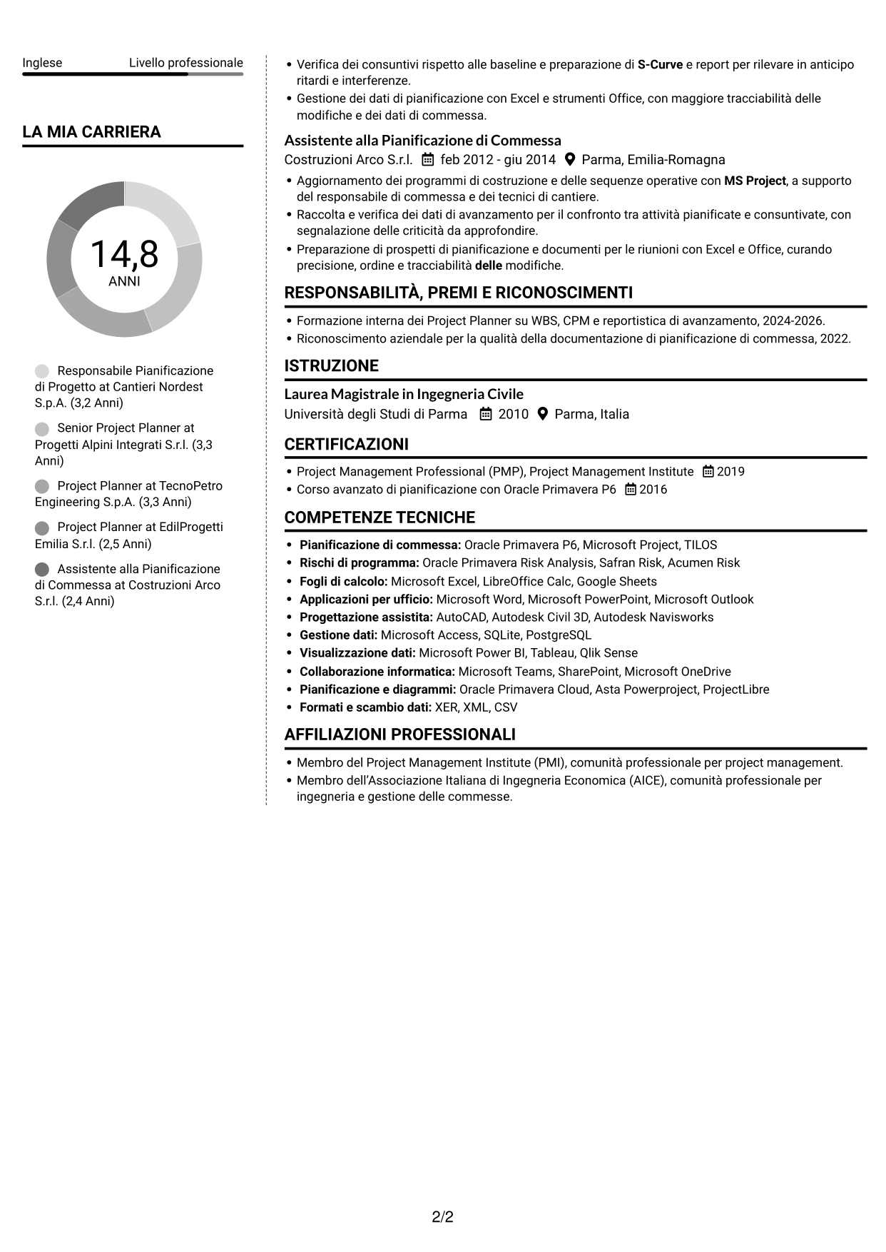 CV Moderno (formato a due colonne con foto a sinistra e separatore): Responsabile Project Planning Costruzioni, pagina 2
