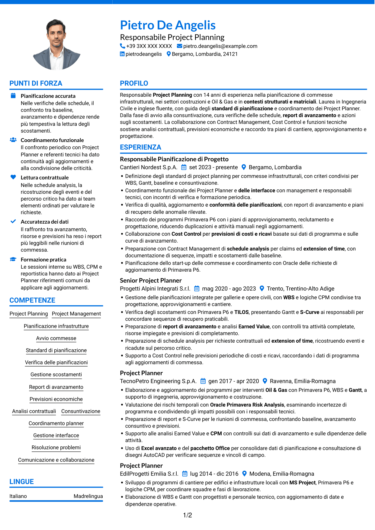CV Audace (formato a due colonne con accenti colorati e foto): Responsabile Project Planning Costruzioni, pagina 1