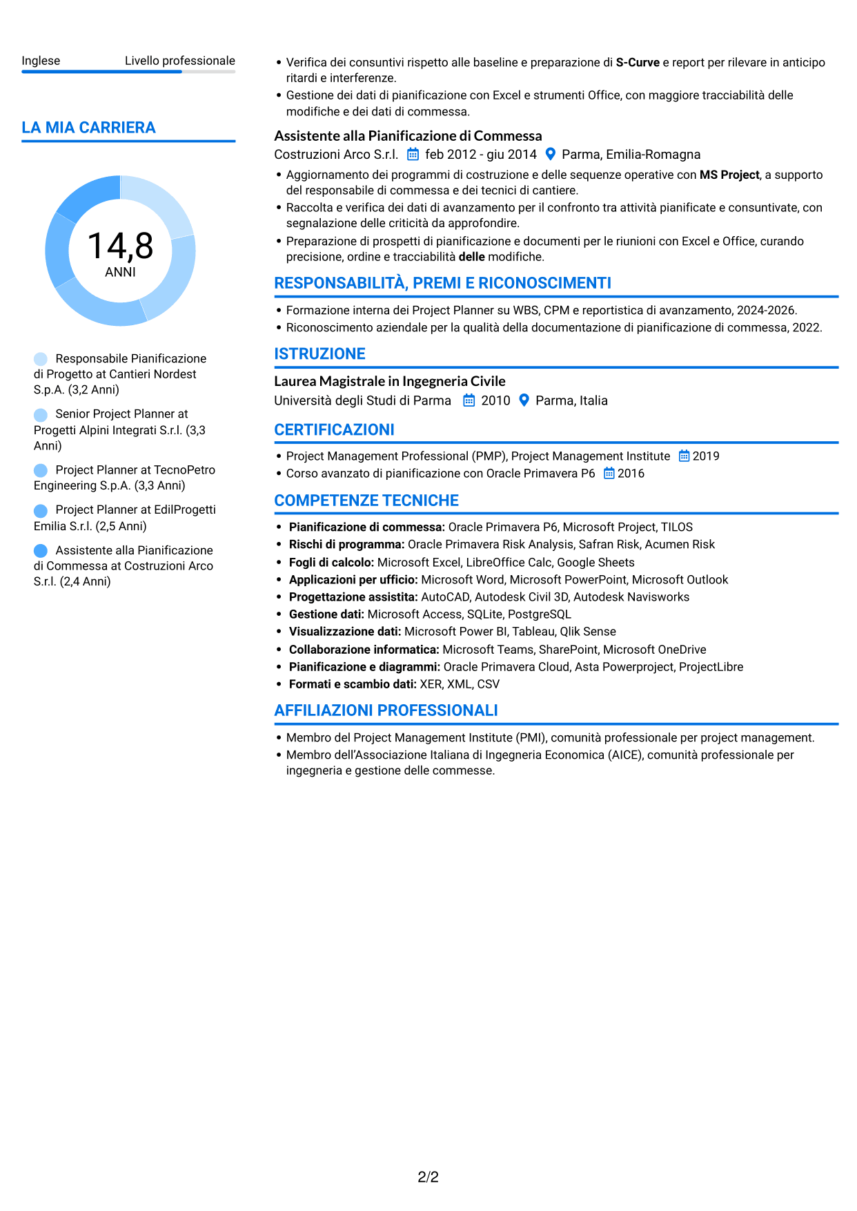 CV Audace (formato a due colonne con accenti colorati e foto): Responsabile Project Planning Costruzioni, pagina 2