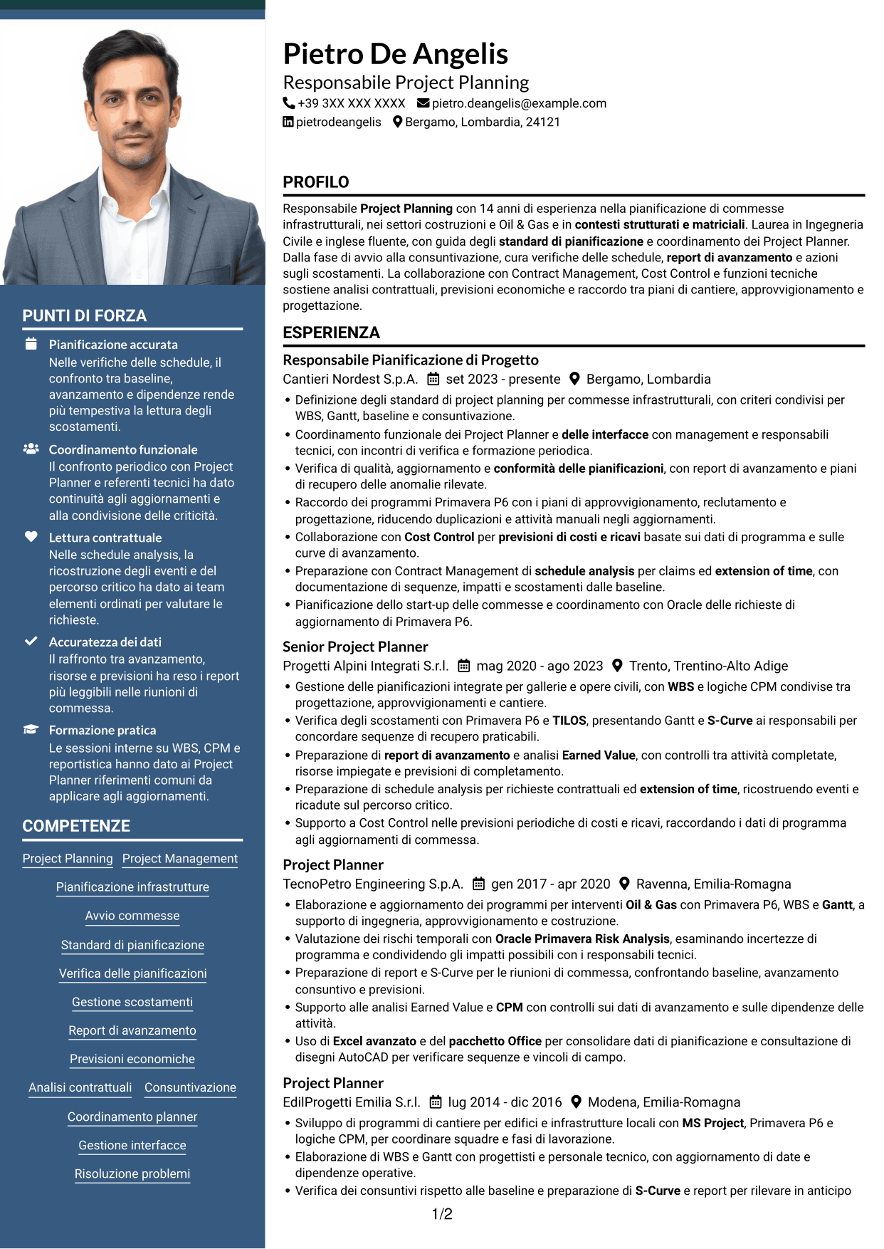 CV Signature (formato con colonna laterale colorata e foto grande): Responsabile Project Planning Costruzioni, pagina 1