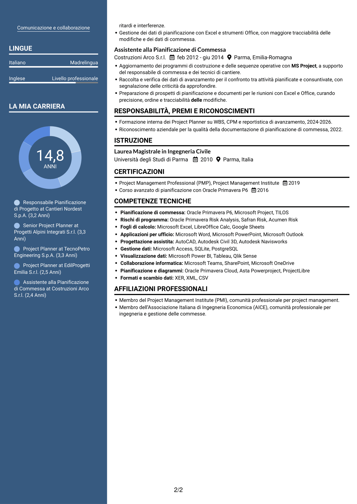 CV Signature (formato con colonna laterale colorata e foto grande): Responsabile Project Planning Costruzioni, pagina 2