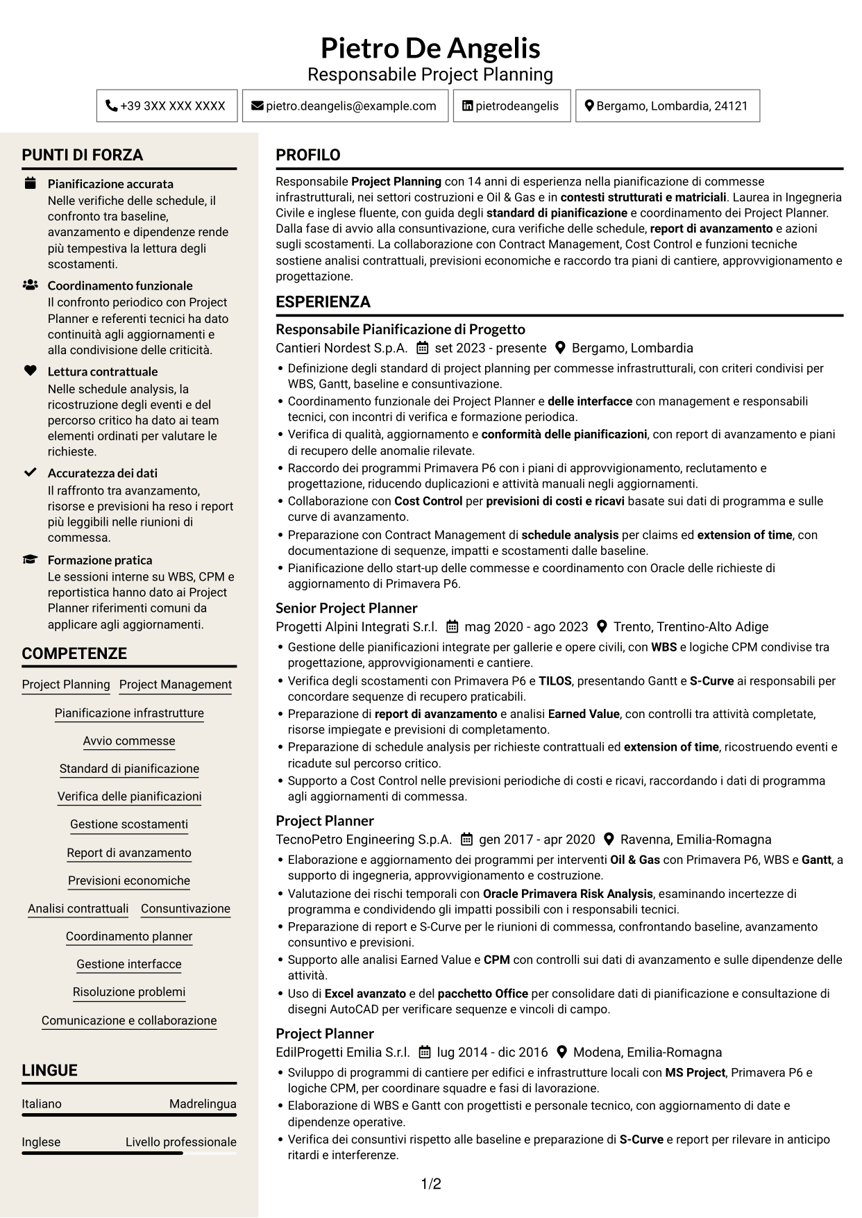 CV Intraprendente (formato a due colonne con intestazione centrata senza foto): Responsabile Project Planning Costruzioni, pagina 1
