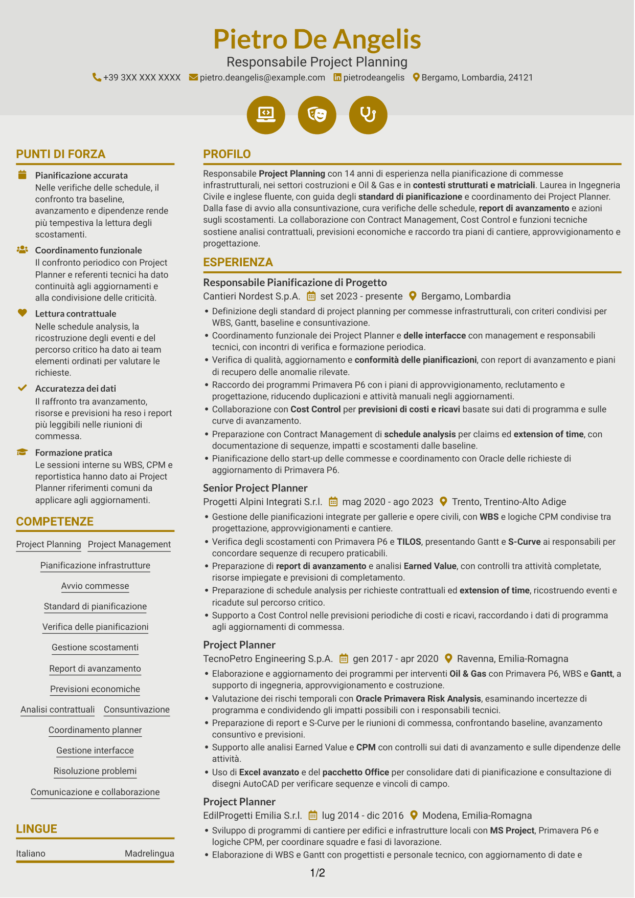 CV Dinamico (formato a due colonne con icone): Responsabile Project Planning Costruzioni, pagina 1