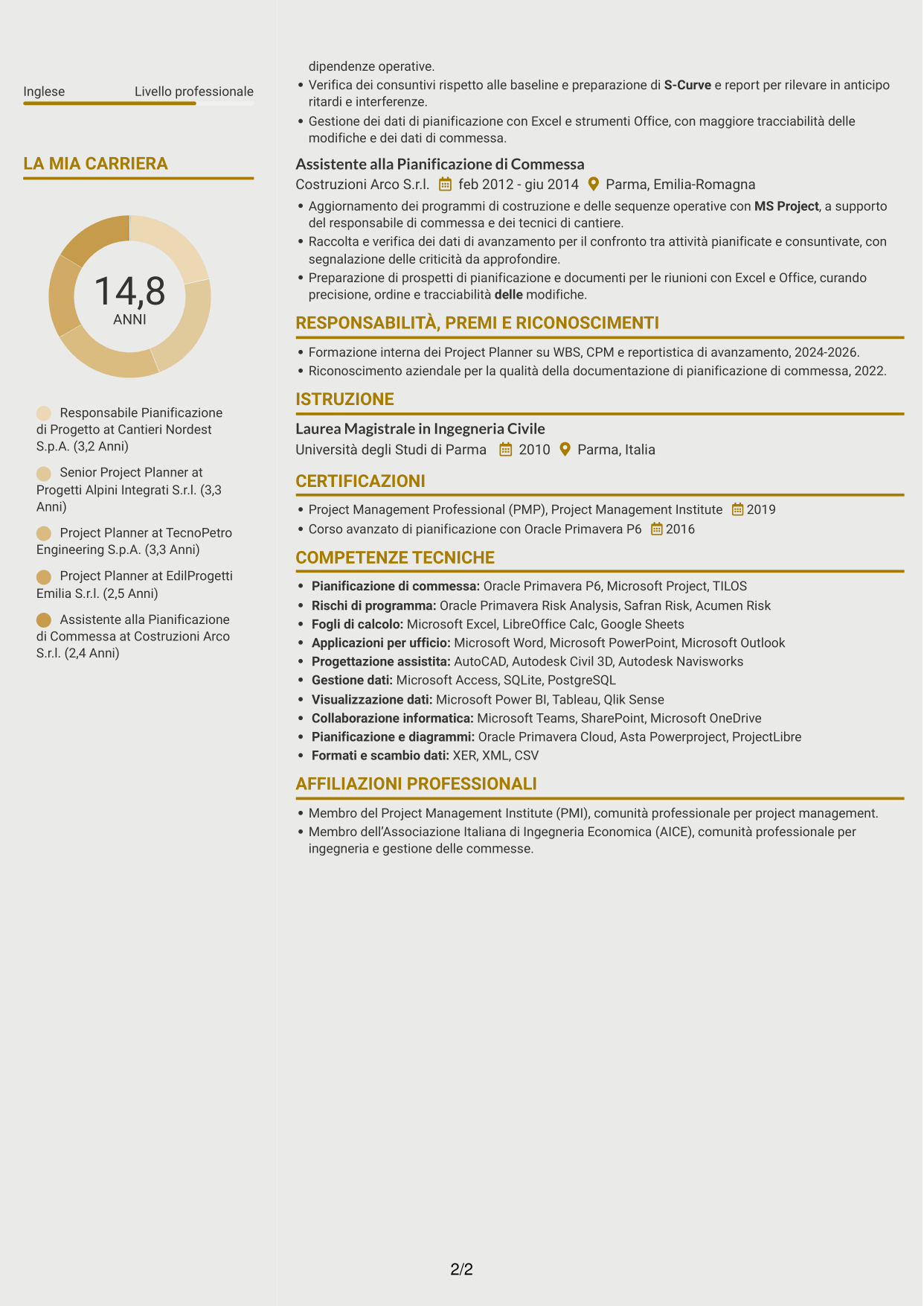 CV Dinamico (formato a due colonne con icone): Responsabile Project Planning Costruzioni, pagina 2