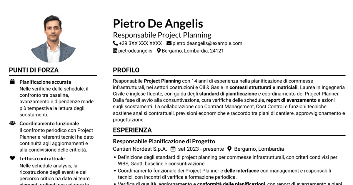 7 modelli di CV per Responsabile Project Planning Costruzioni, con esempi