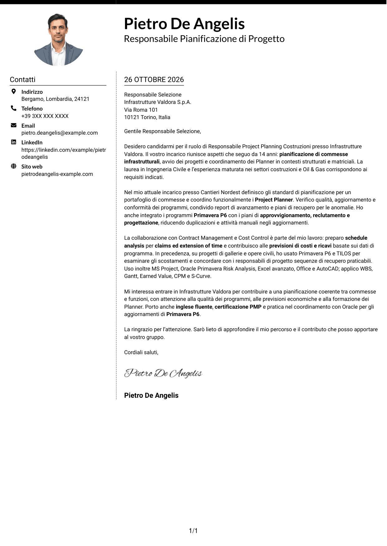 Lettera di presentazione Moderno (formato a due colonne con foto a sinistra e separatore): Responsabile Project Planning Costruzioni, pagina 1