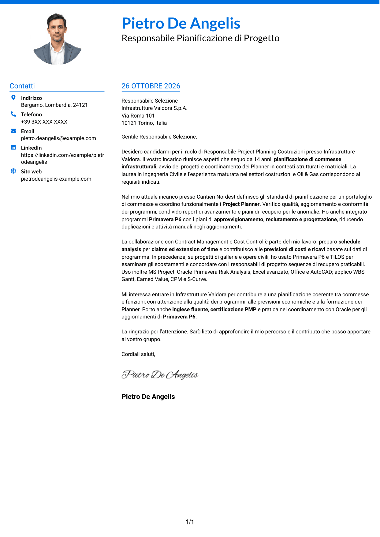 Lettera di presentazione Audace (formato a due colonne con accenti colorati e foto): Responsabile Project Planning Costruzioni, pagina 1