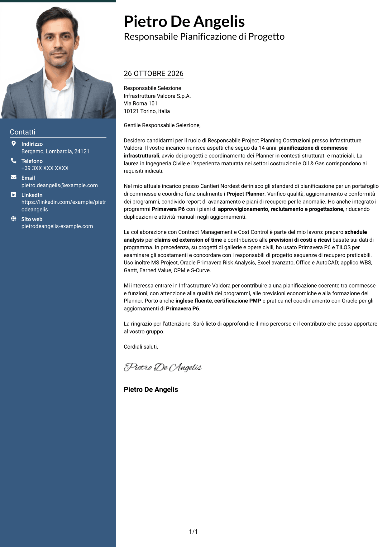 Lettera di presentazione Signature (formato con colonna laterale colorata e foto grande): Responsabile Project Planning Costruzioni, pagina 1
