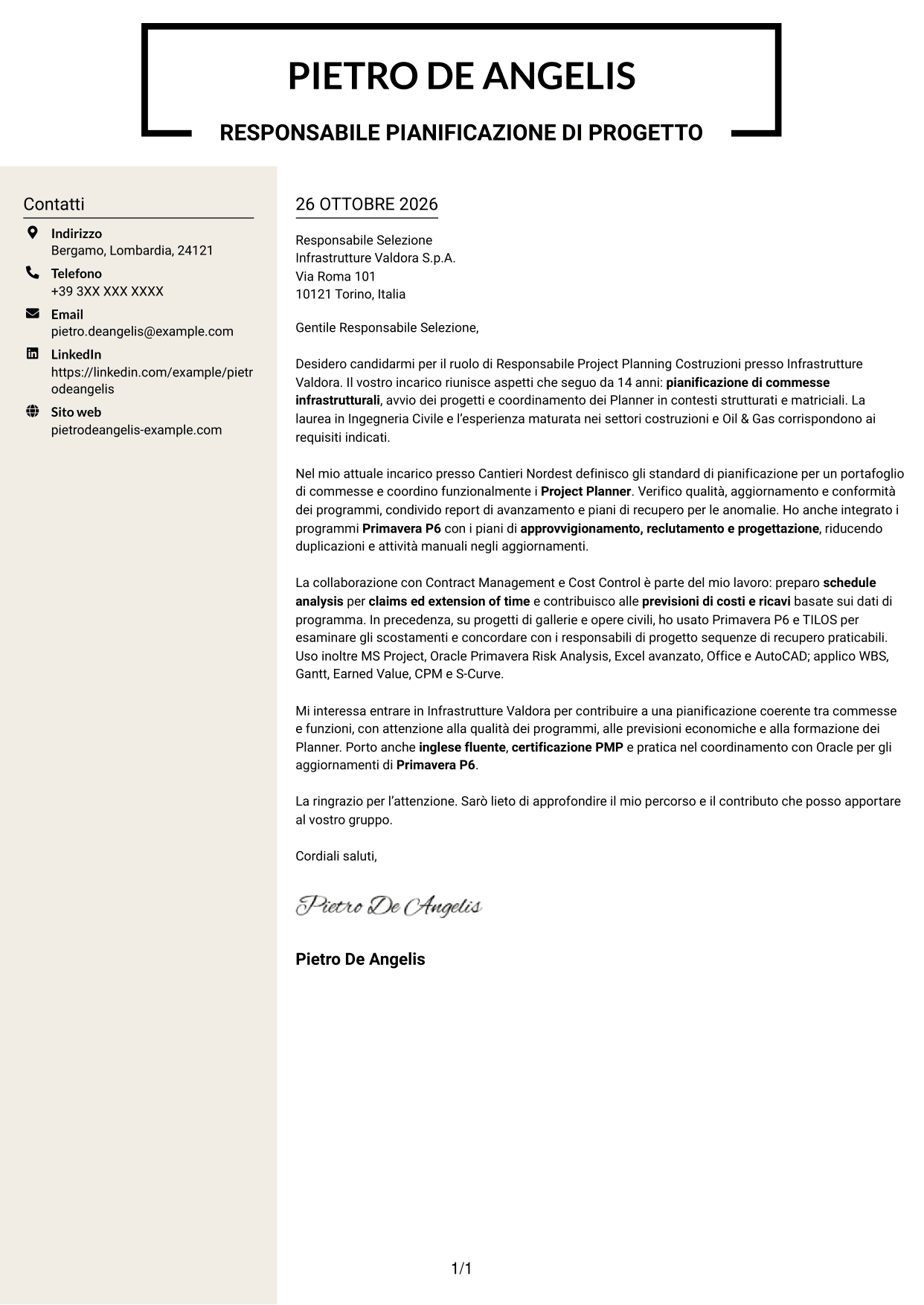 Lettera di presentazione Intraprendente (formato a due colonne con intestazione centrata senza foto): Responsabile Project Planning Costruzioni, pagina 1