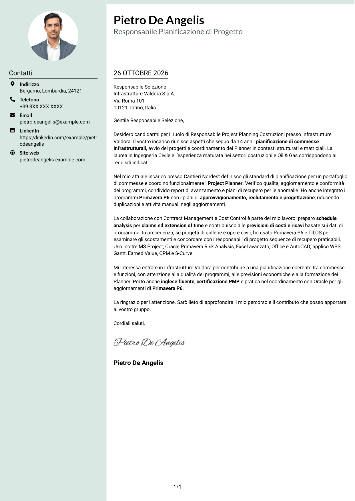 Lettera di presentazione Dirigente (formato con colonna laterale tenue e foto arrotondata): Responsabile Project Planning Costruzioni, pagina 1