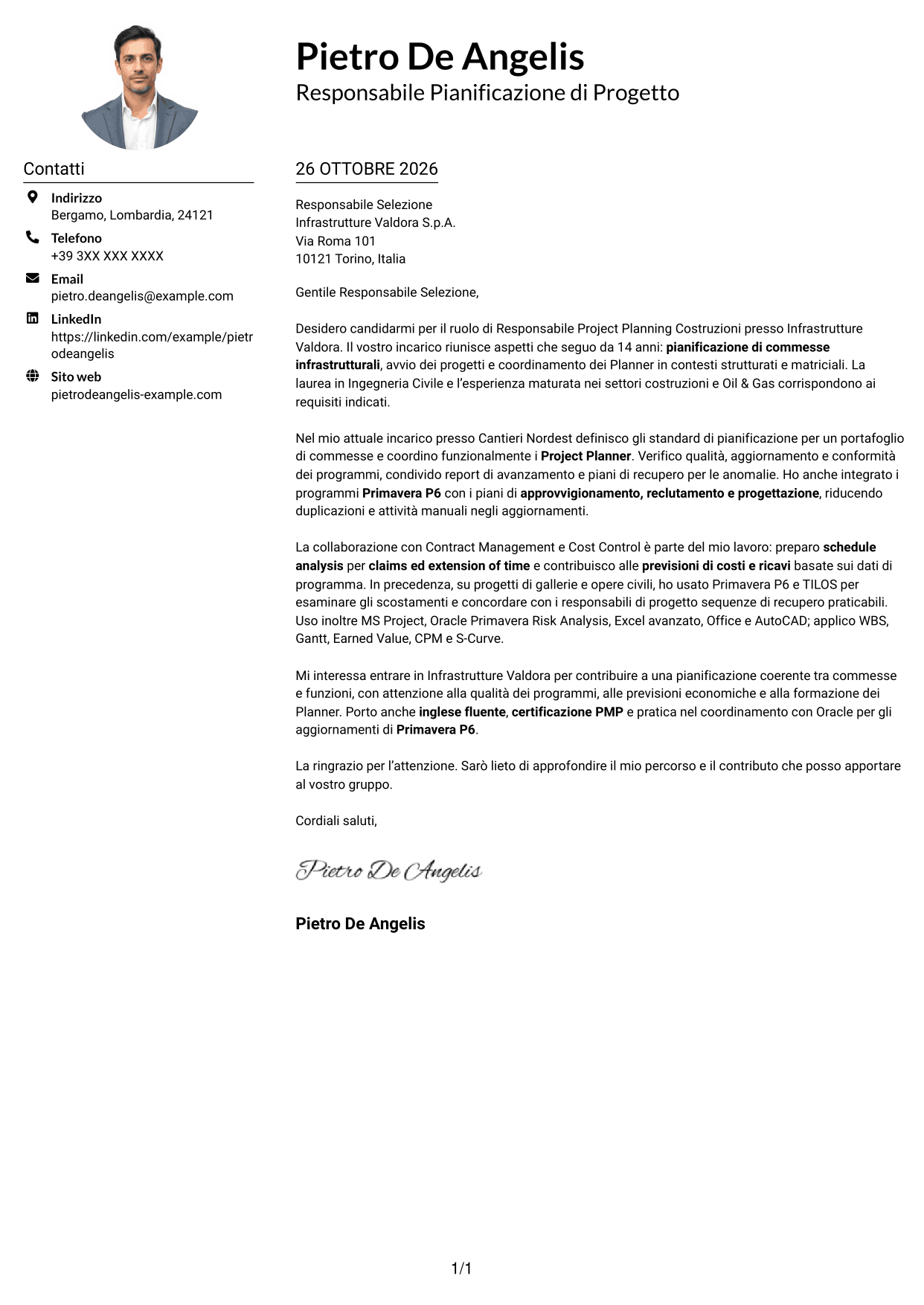 Esempio di lettera di presentazione — pagina 1