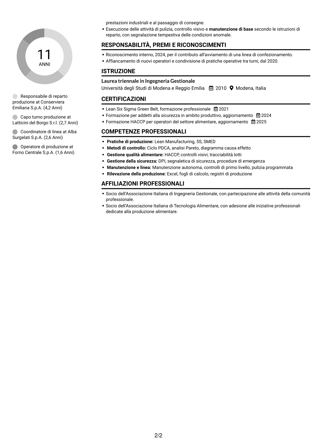 CV Compatto (formato sobrio a due colonne con foto): Responsabile Reparto Produzione - Industria alimentare, pagina 2