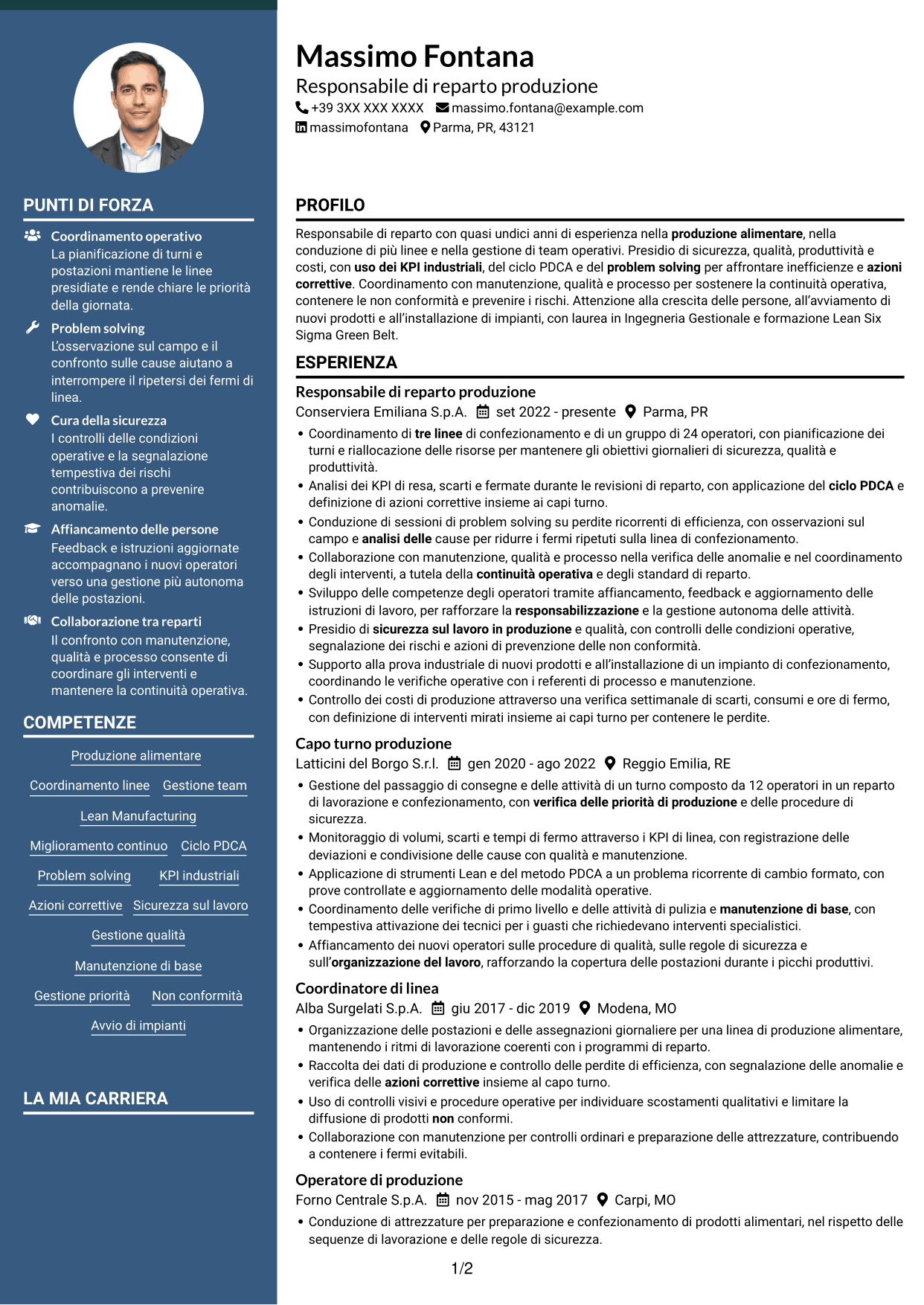 CV Elegante (formato con colonna laterale colorata e foto): Responsabile Reparto Produzione - Industria alimentare, pagina 1