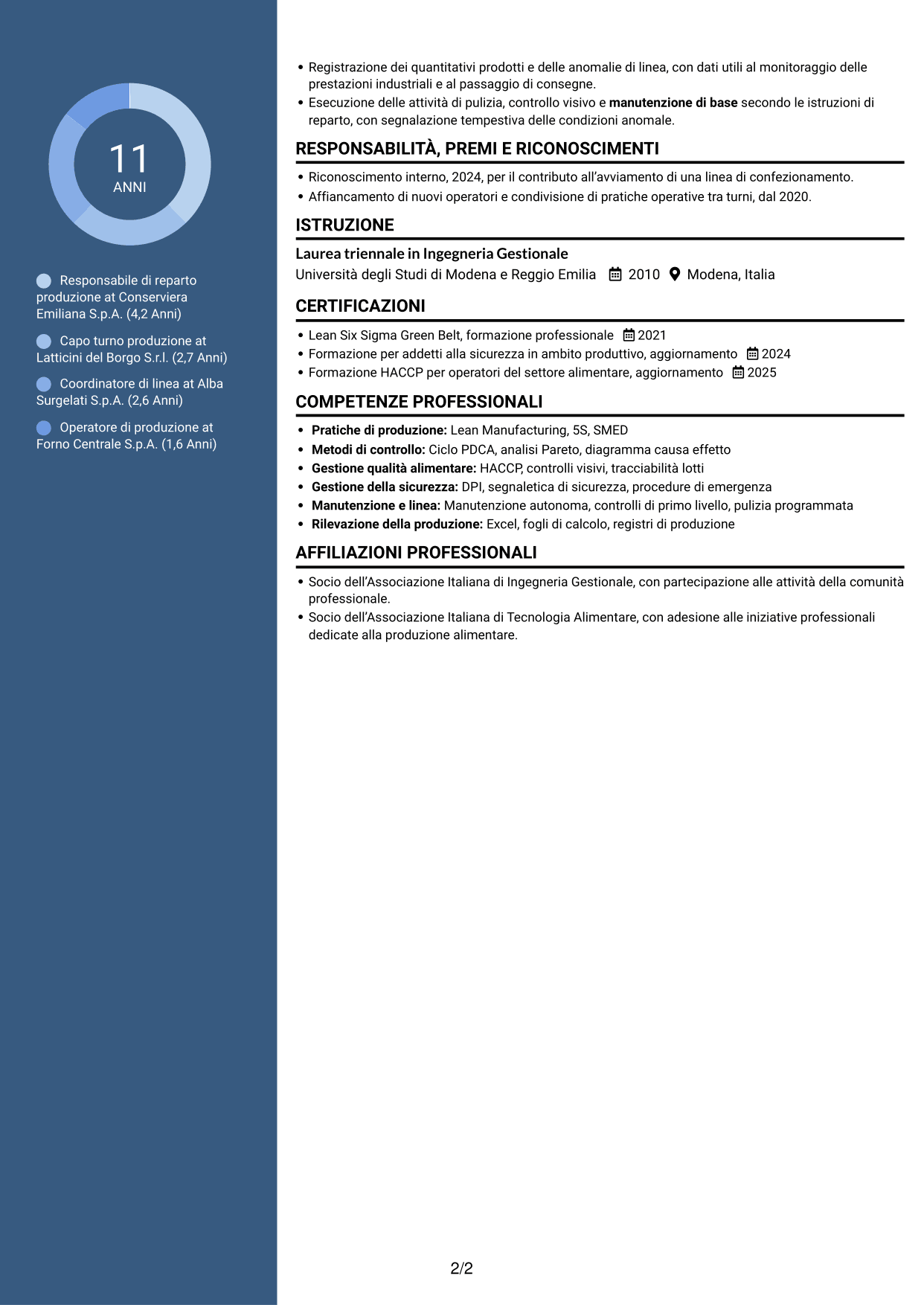 CV Elegante (formato con colonna laterale colorata e foto): Responsabile Reparto Produzione - Industria alimentare, pagina 2