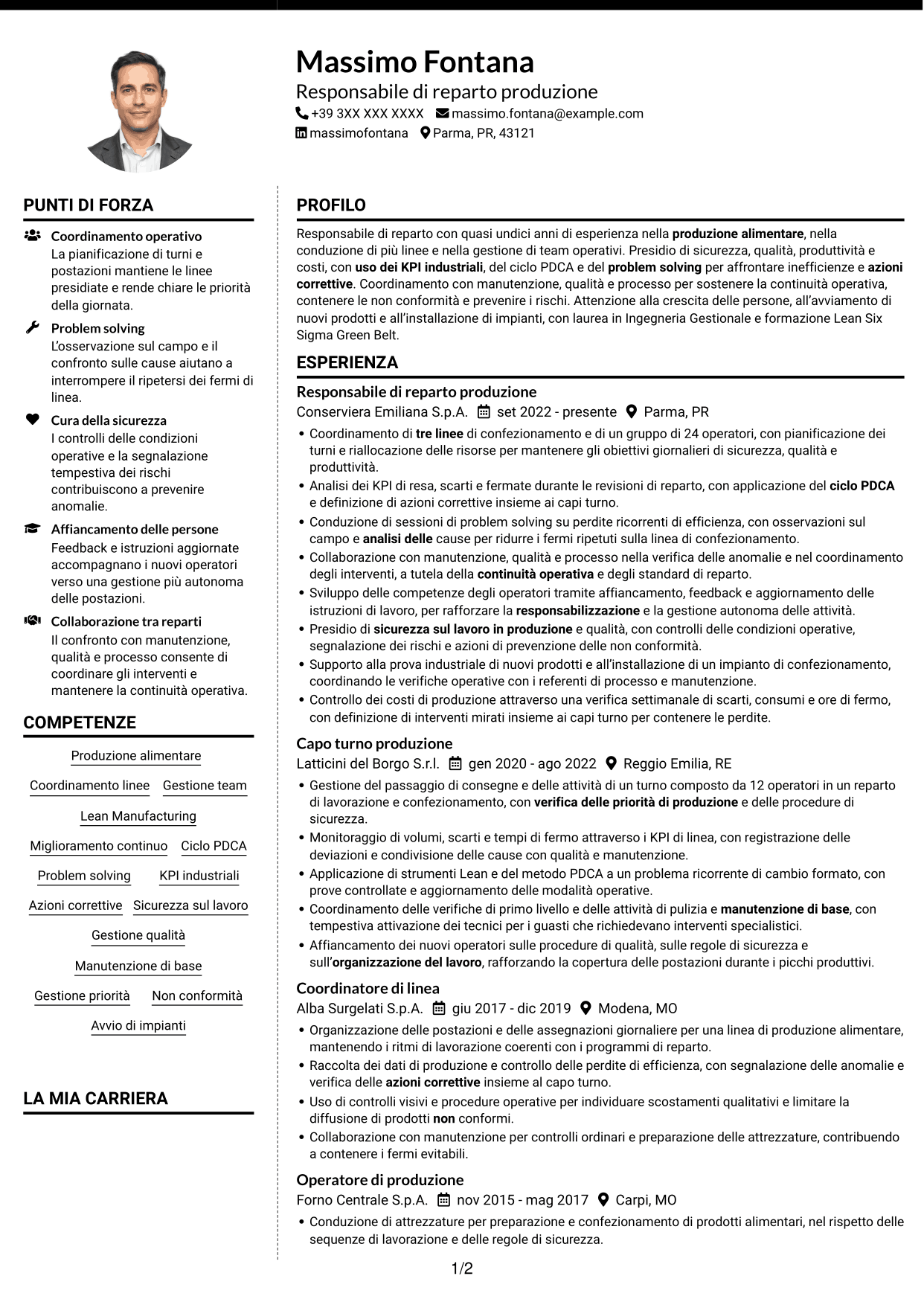 CV Moderno (formato a due colonne con foto a sinistra e separatore): Responsabile Reparto Produzione - Industria alimentare, pagina 1