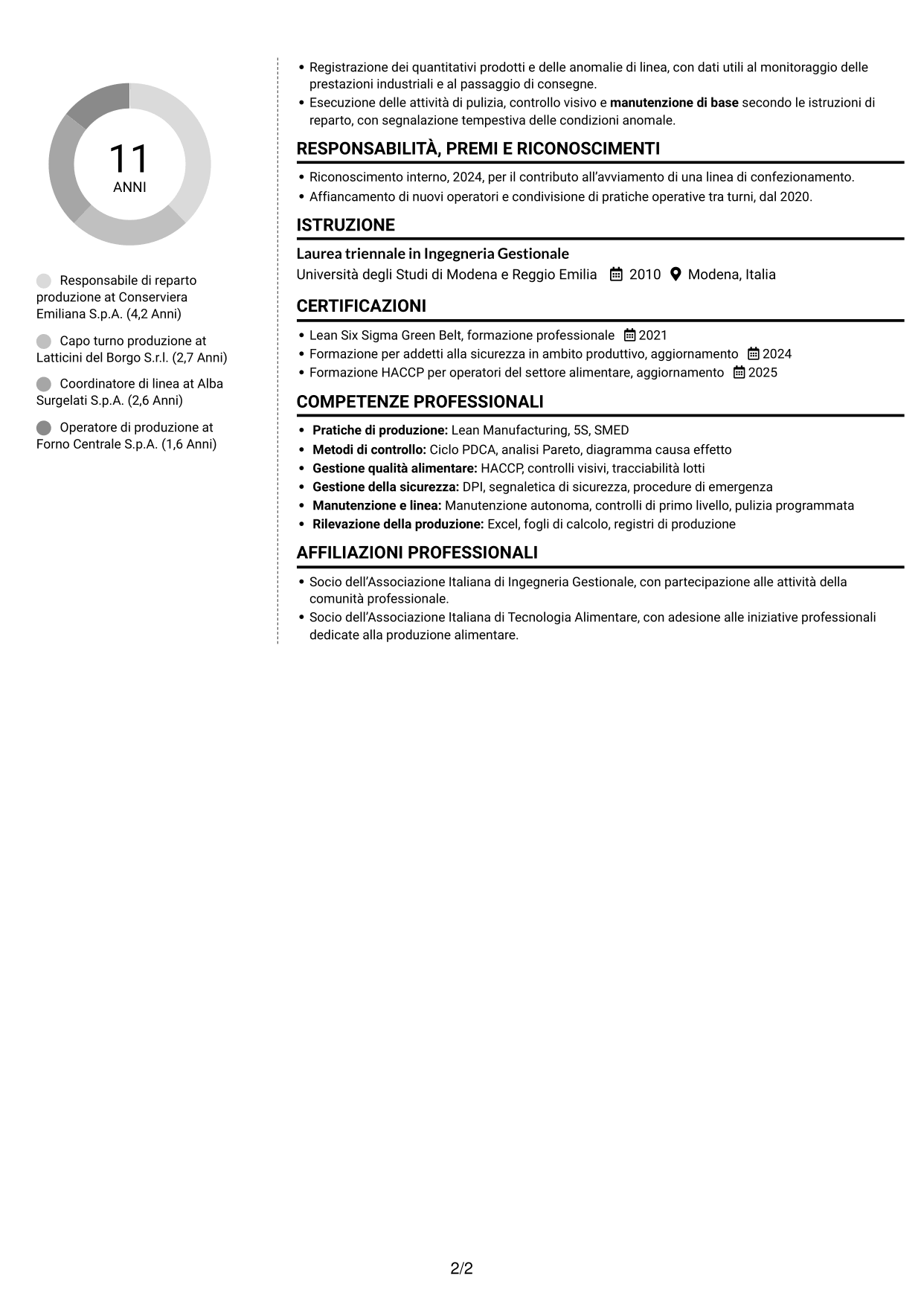 CV Moderno (formato a due colonne con foto a sinistra e separatore): Responsabile Reparto Produzione - Industria alimentare, pagina 2
