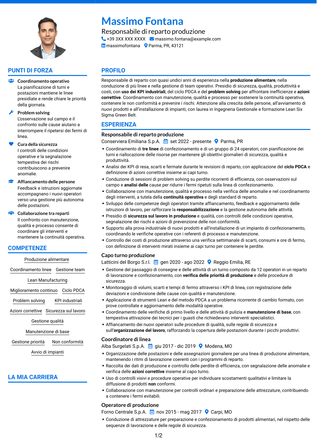 CV Audace (formato a due colonne con accenti colorati e foto): Responsabile Reparto Produzione - Industria alimentare, pagina 1