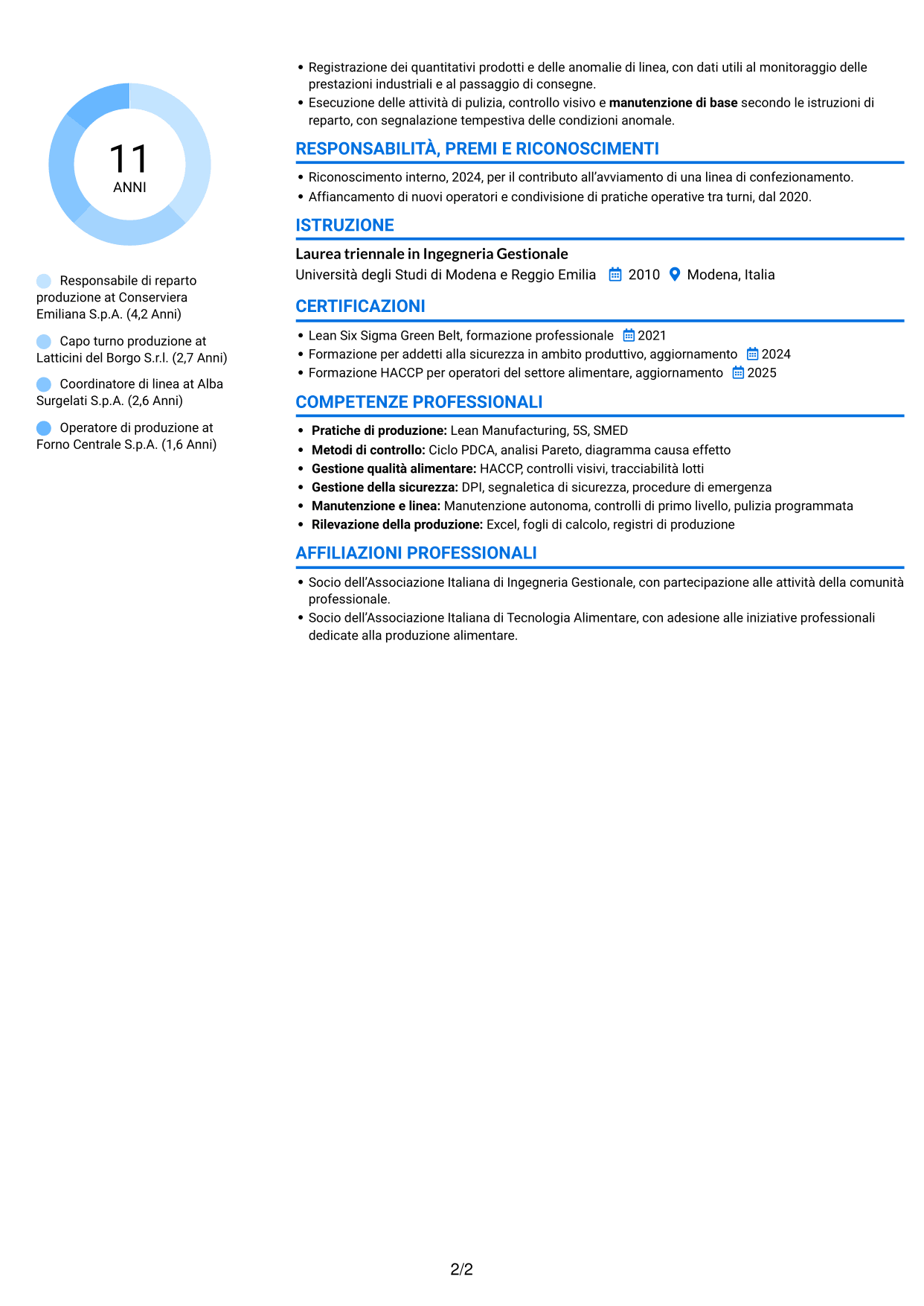 CV Audace (formato a due colonne con accenti colorati e foto): Responsabile Reparto Produzione - Industria alimentare, pagina 2
