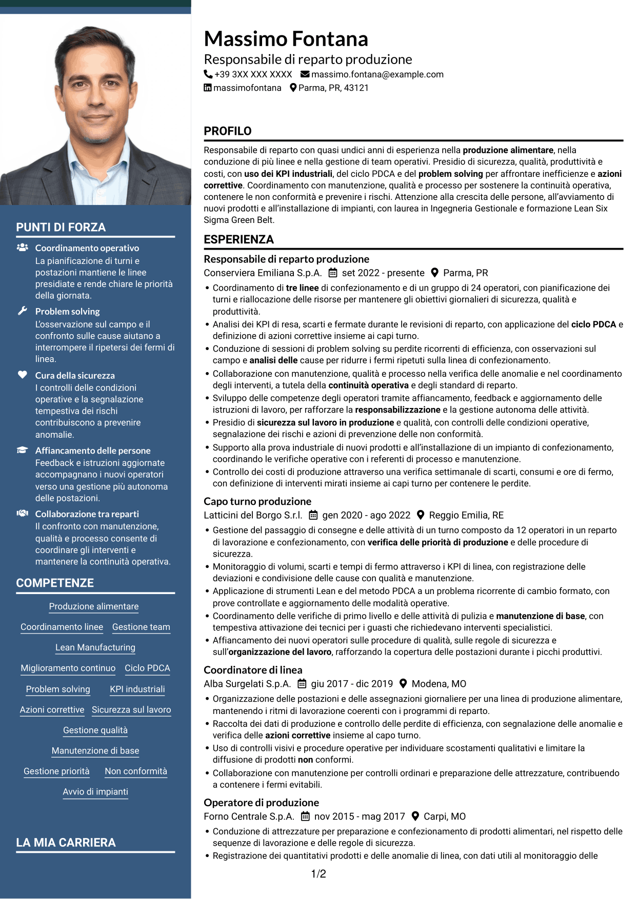 CV Signature (formato con colonna laterale colorata e foto grande): Responsabile Reparto Produzione - Industria alimentare, pagina 1