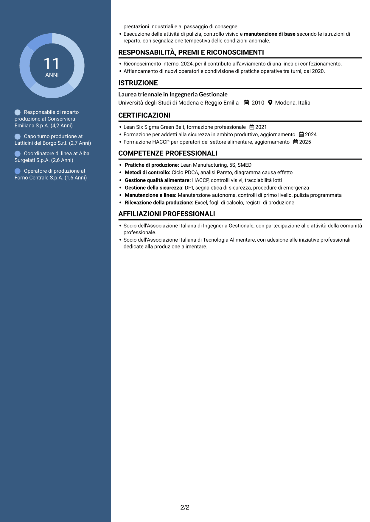 CV Signature (formato con colonna laterale colorata e foto grande): Responsabile Reparto Produzione - Industria alimentare, pagina 2