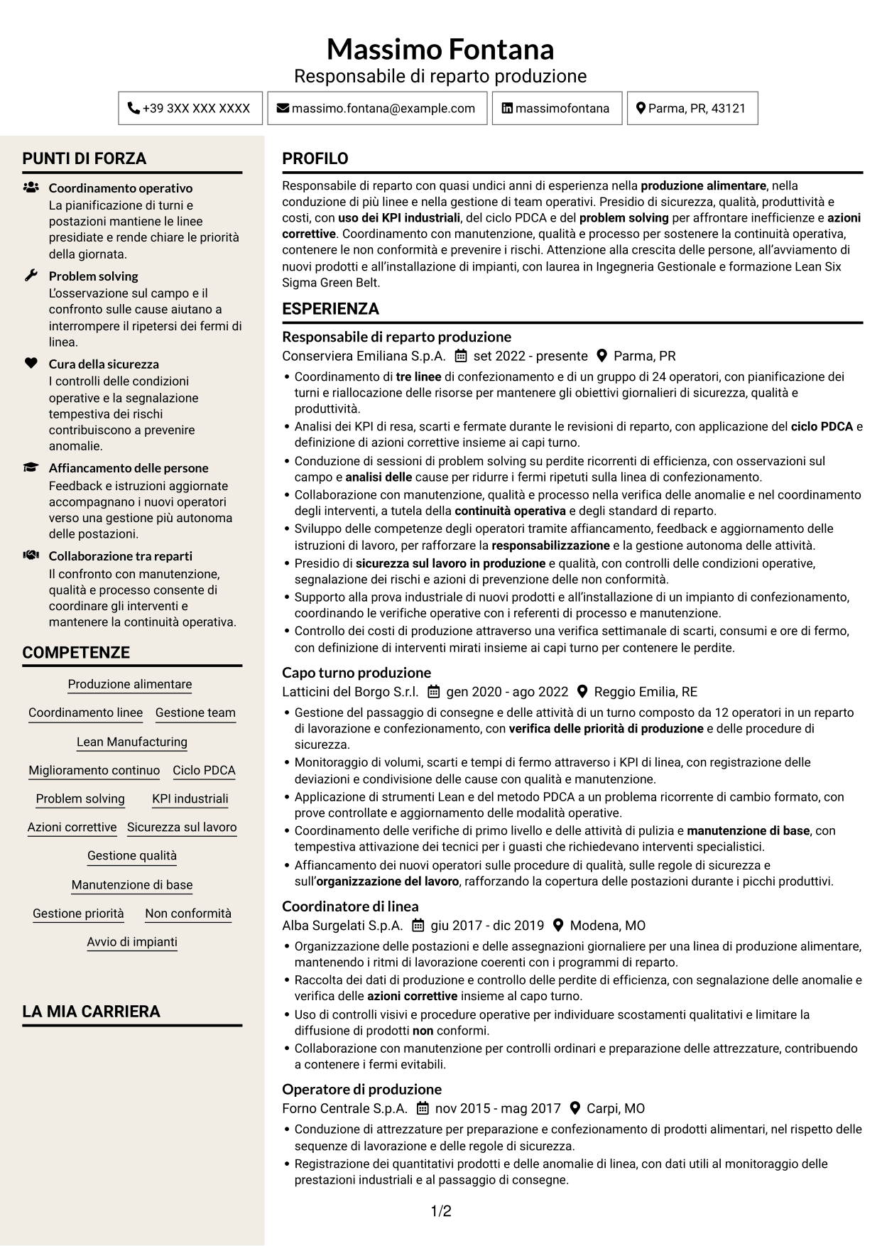 CV Intraprendente (formato a due colonne con intestazione centrata senza foto): Responsabile Reparto Produzione - Industria alimentare, pagina 1