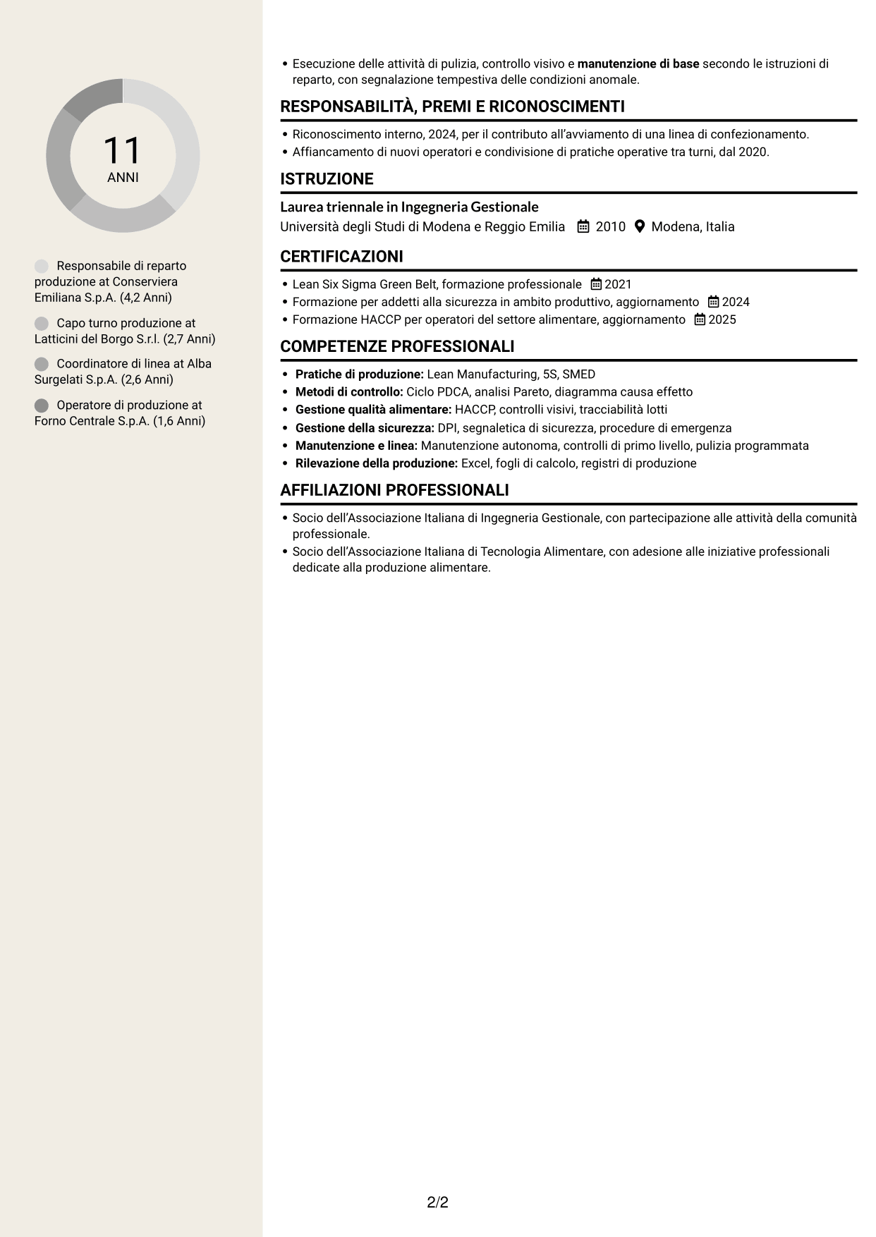 CV Intraprendente (formato a due colonne con intestazione centrata senza foto): Responsabile Reparto Produzione - Industria alimentare, pagina 2