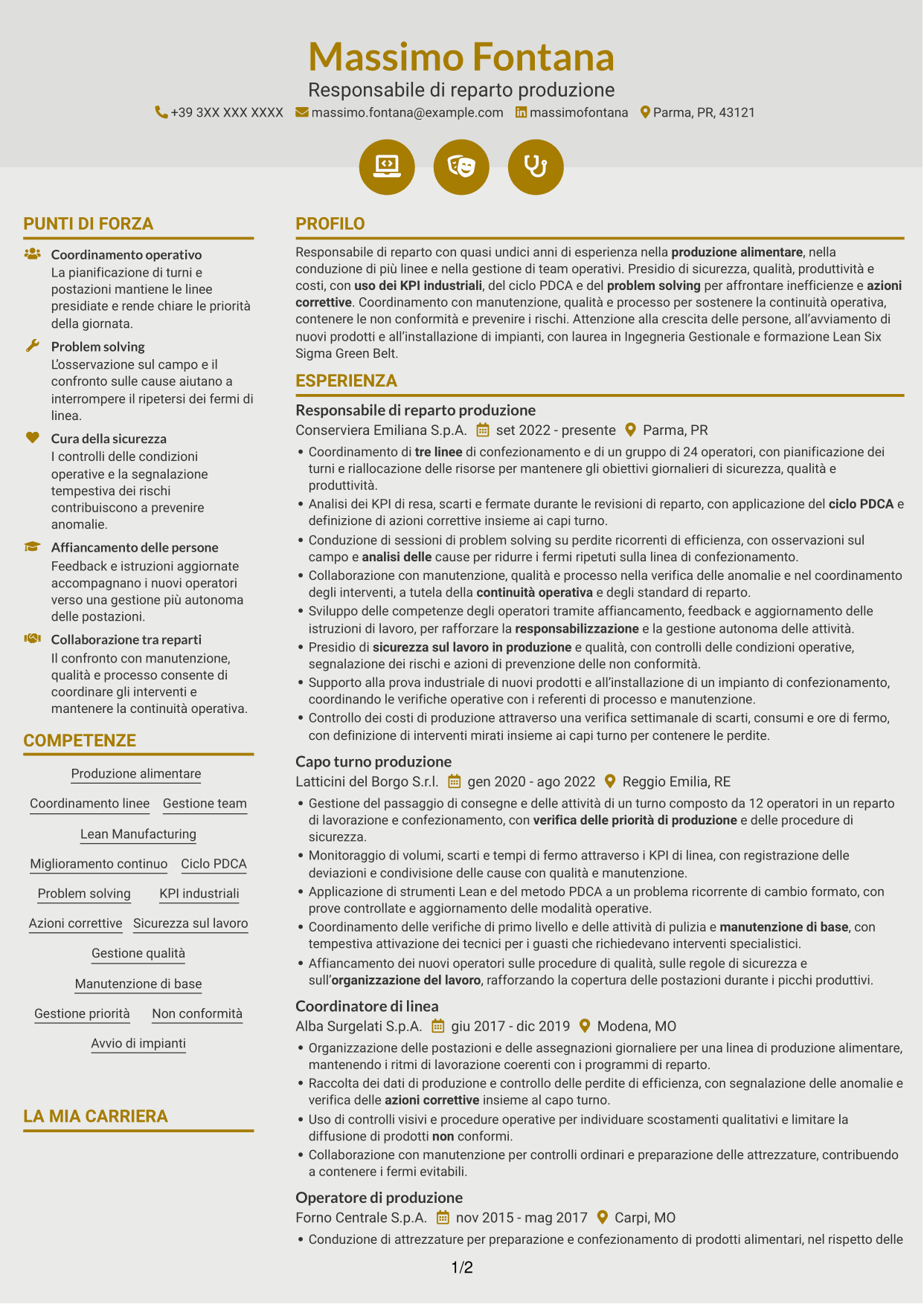 CV Dinamico (formato a due colonne con icone): Responsabile Reparto Produzione - Industria alimentare, pagina 1
