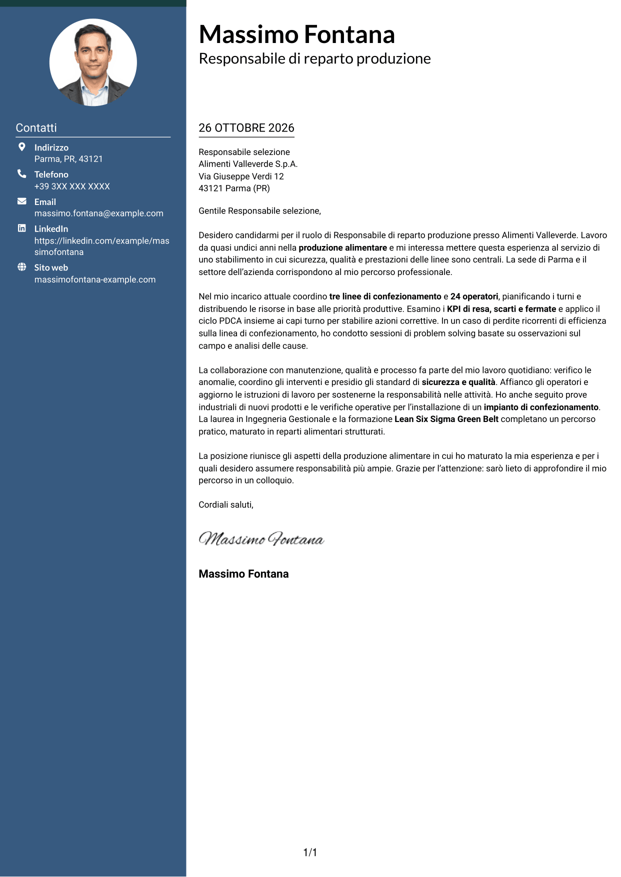 Lettera di presentazione Elegante (formato con colonna laterale colorata e foto): Responsabile Reparto Produzione - Industria alimentare, pagina 1