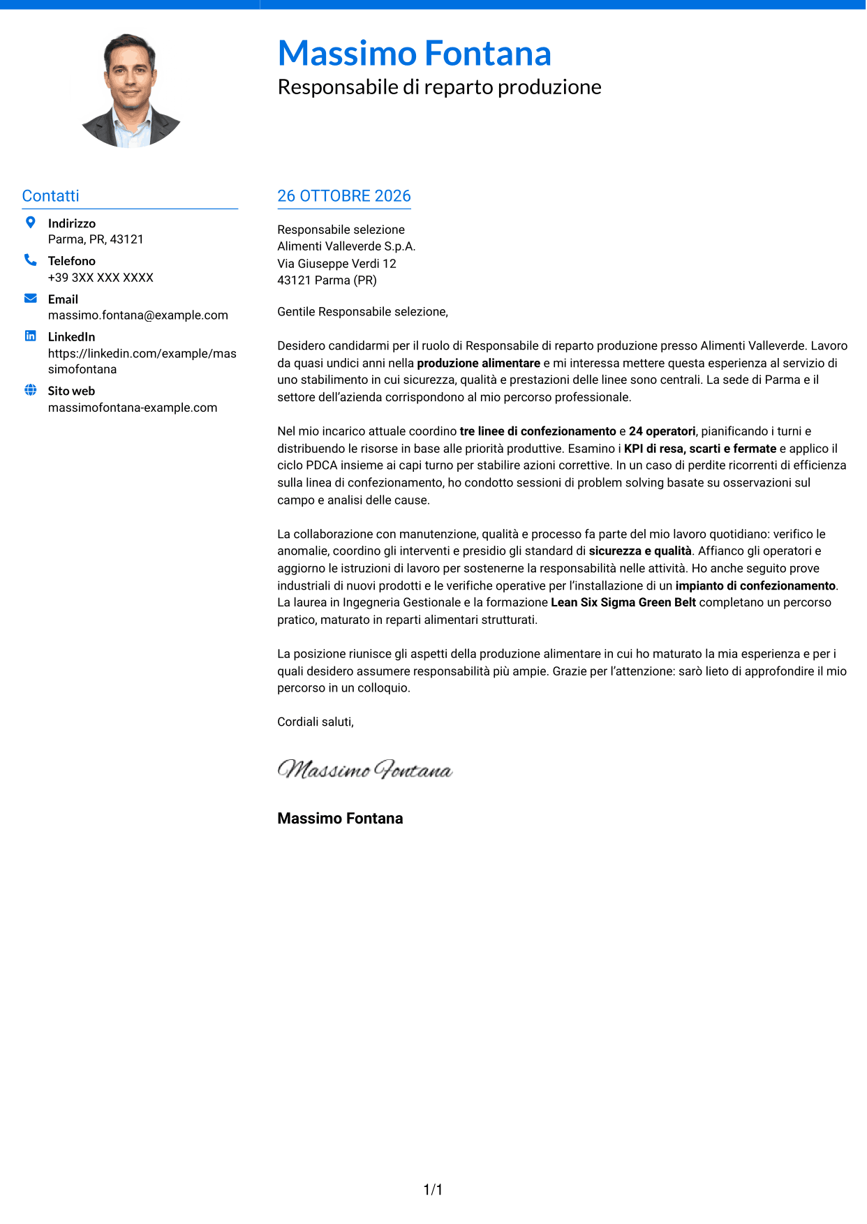 Lettera di presentazione Audace (formato a due colonne con accenti colorati e foto): Responsabile Reparto Produzione - Industria alimentare, pagina 1