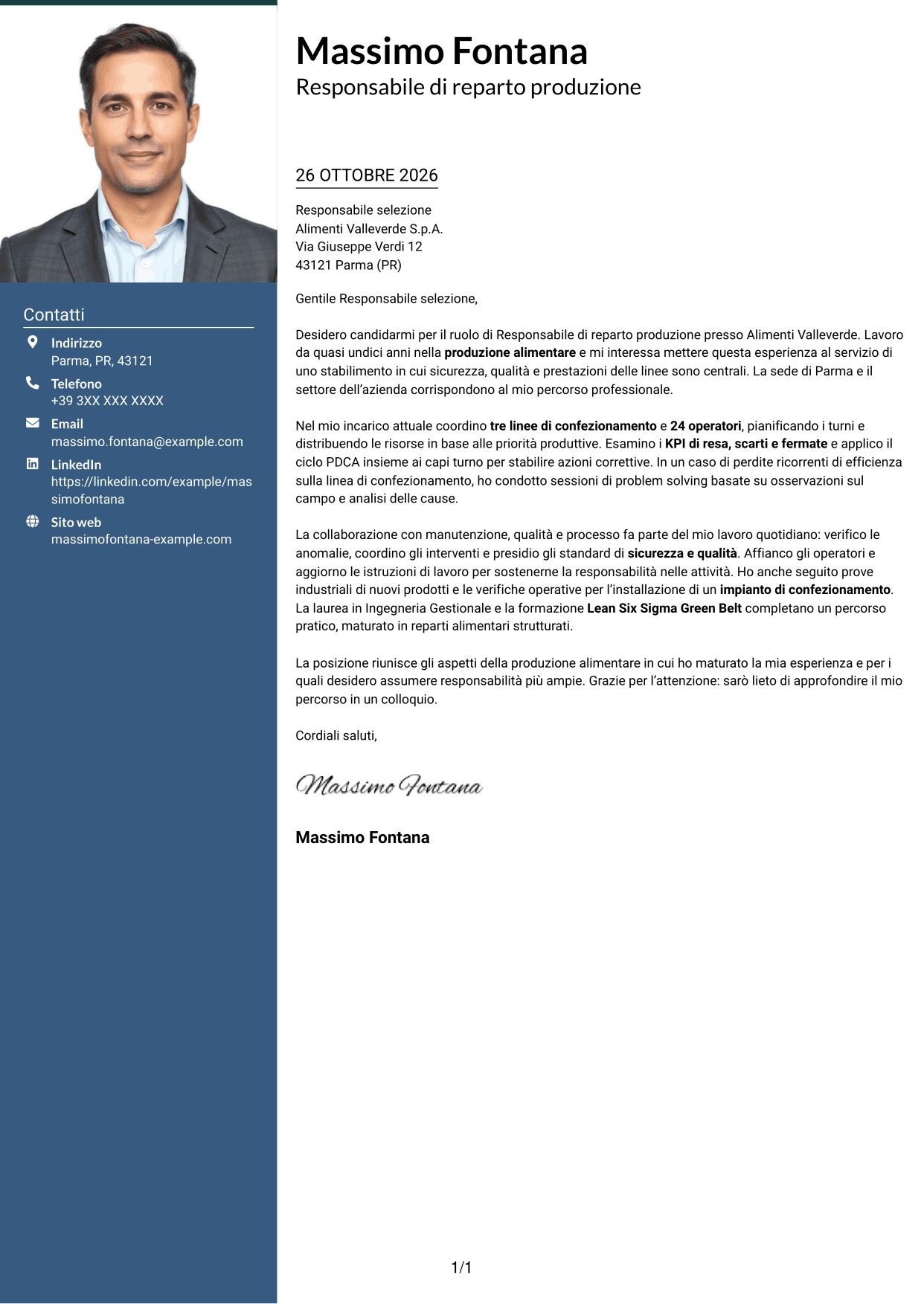 Lettera di presentazione Signature (formato con colonna laterale colorata e foto grande): Responsabile Reparto Produzione - Industria alimentare, pagina 1