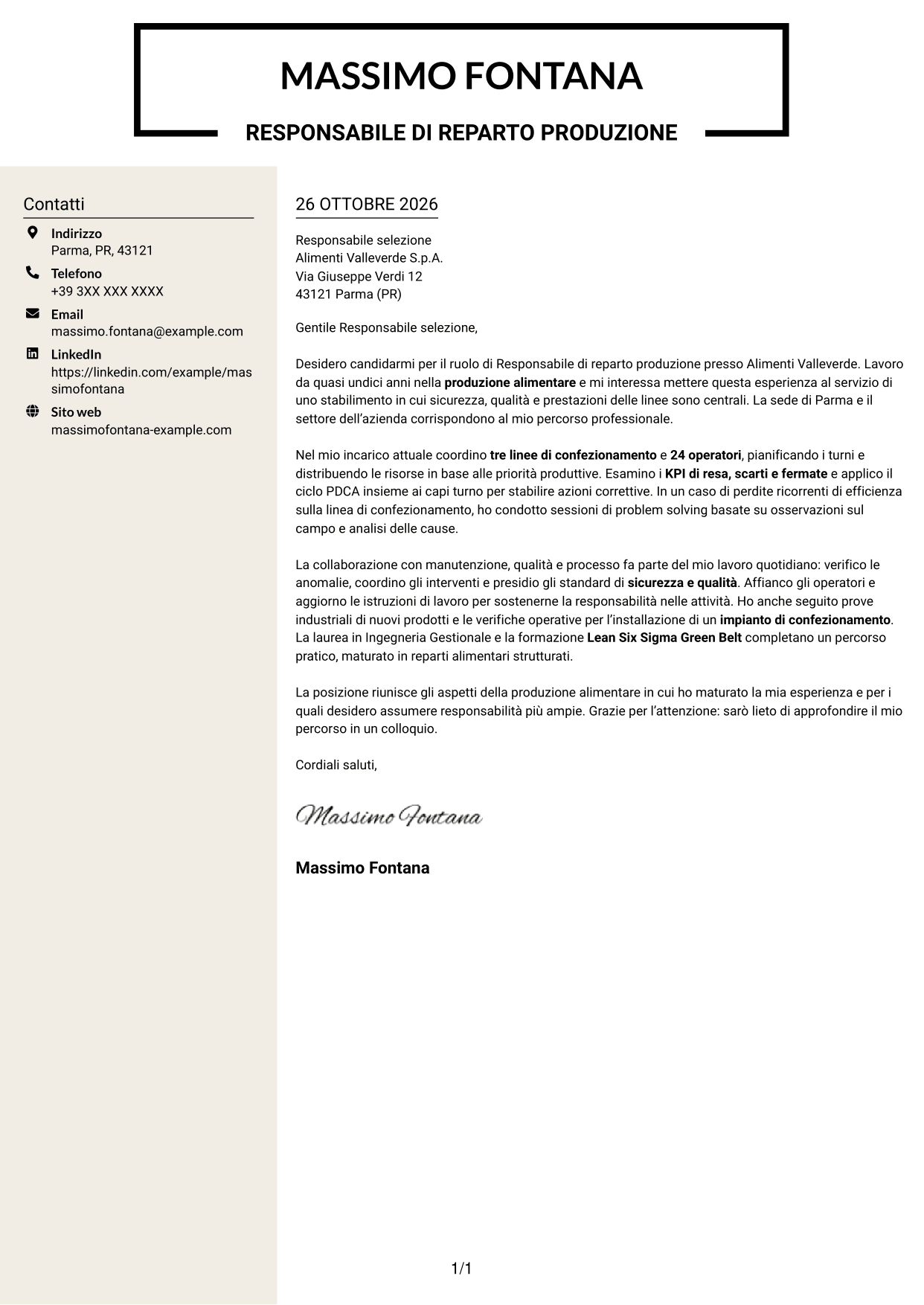 Lettera di presentazione Intraprendente (formato a due colonne con intestazione centrata senza foto): Responsabile Reparto Produzione - Industria alimentare, pagina 1