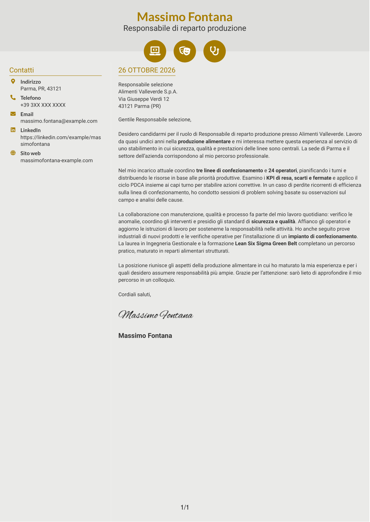 Lettera di presentazione Dinamico (formato a due colonne con icone): Responsabile Reparto Produzione - Industria alimentare, pagina 1