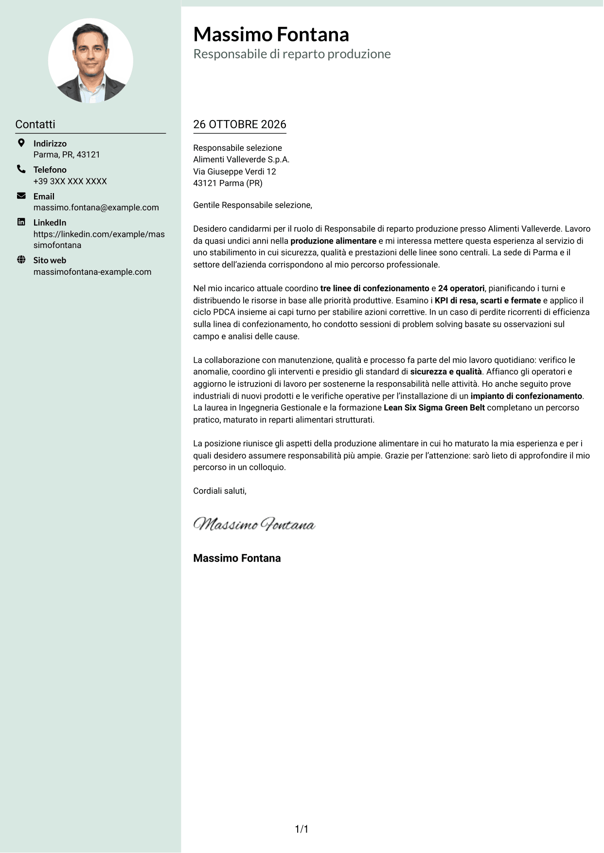 Lettera di presentazione Dirigente (formato con colonna laterale tenue e foto arrotondata): Responsabile Reparto Produzione - Industria alimentare, pagina 1