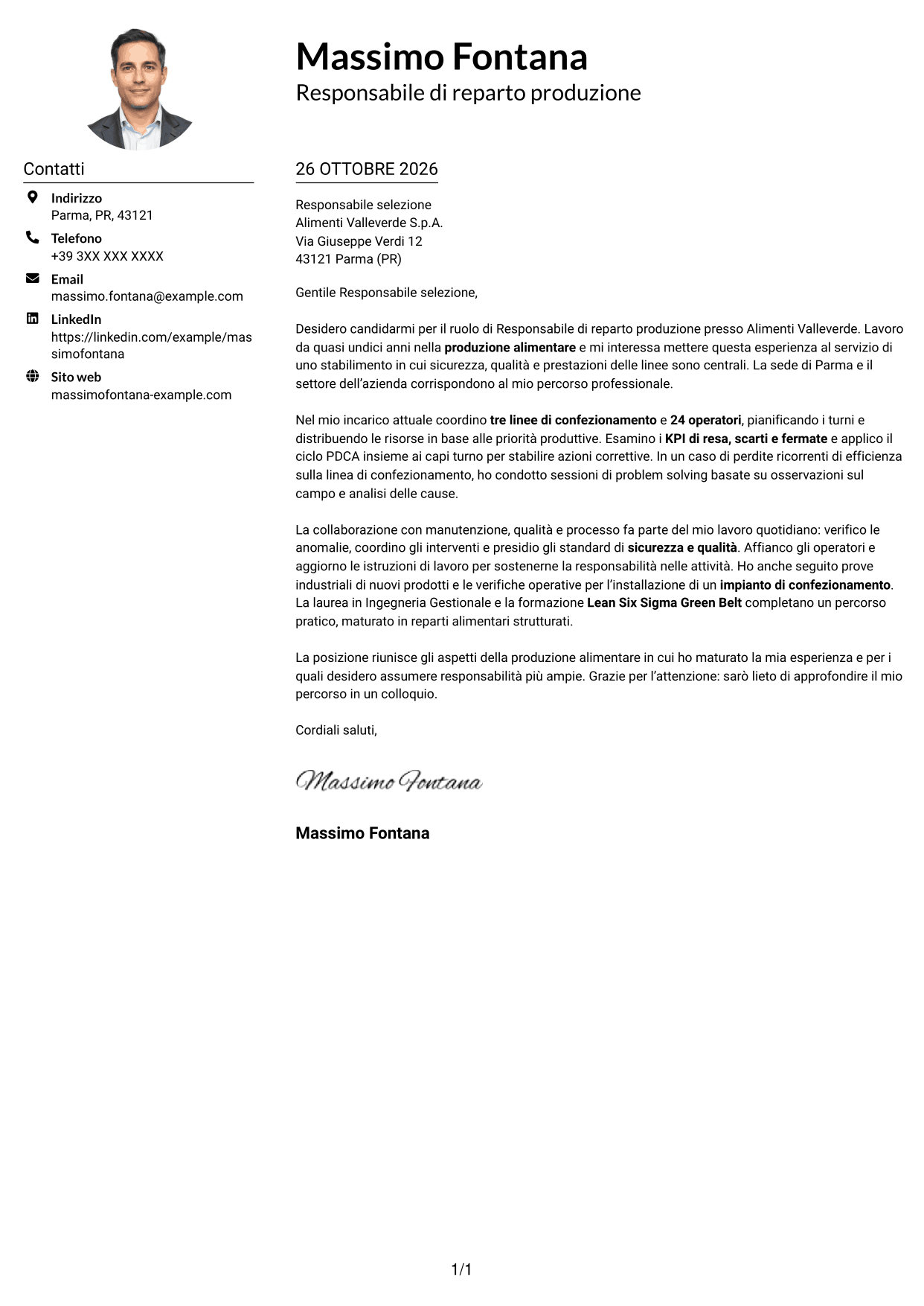 Esempio di lettera di presentazione — pagina 1
