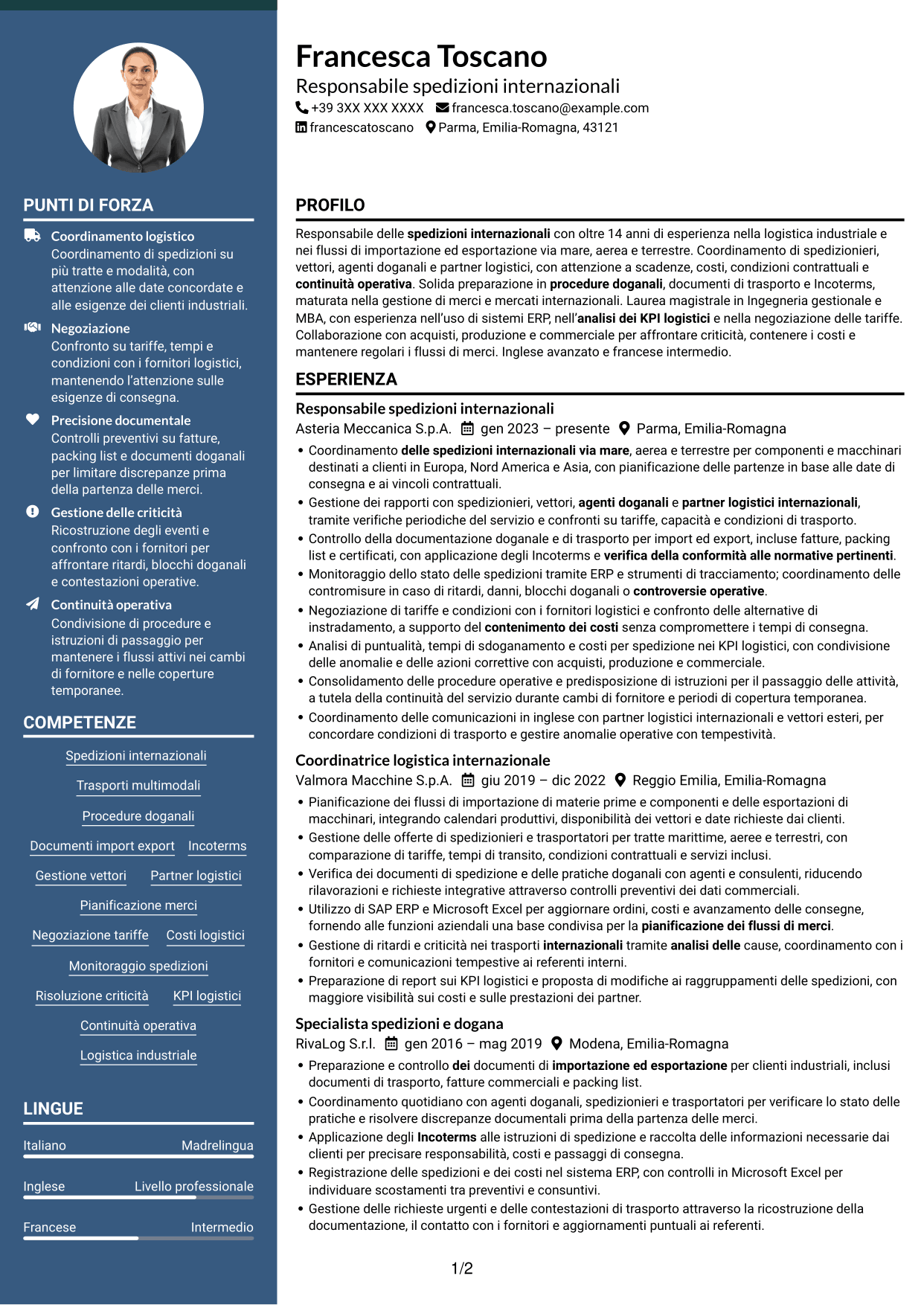CV Elegante (formato con colonna laterale colorata e foto): Responsabile spedizioni internazionali, pagina 1