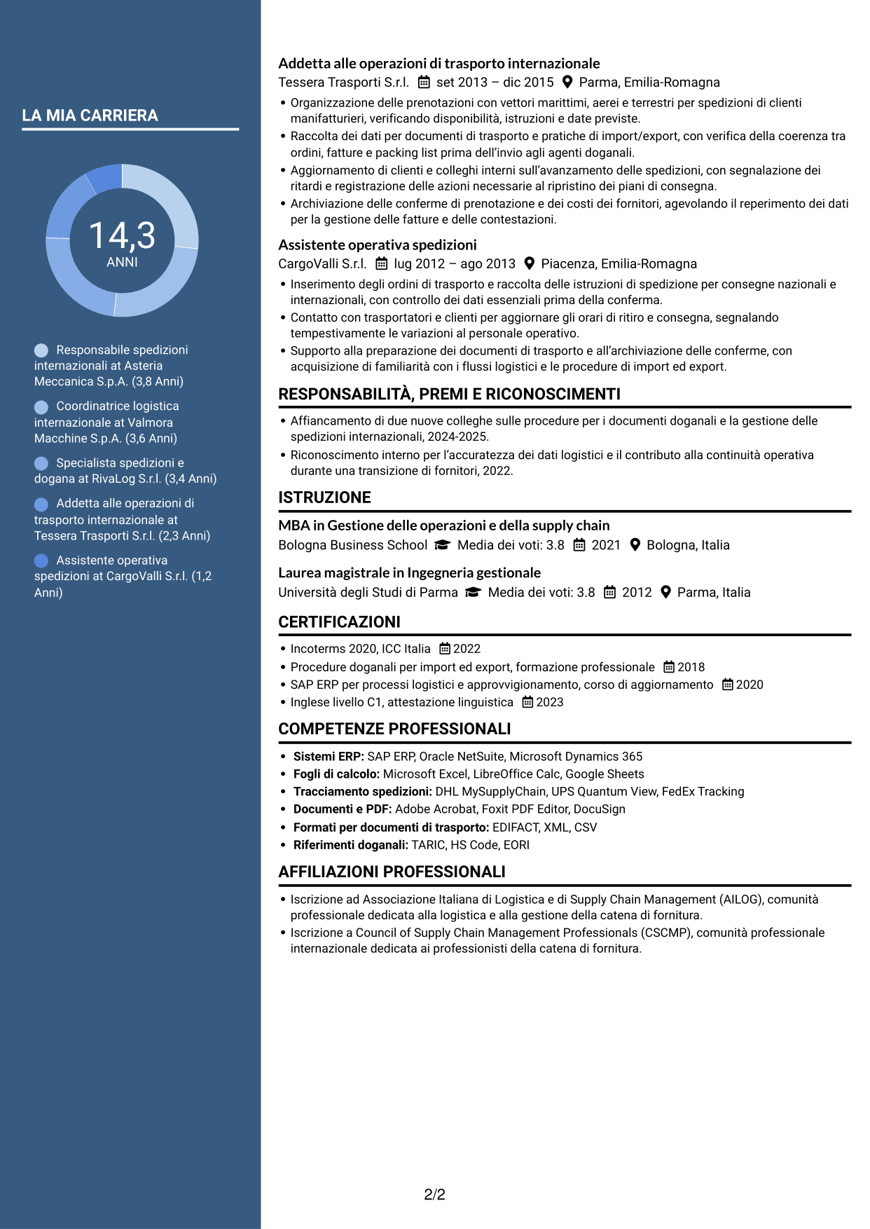 CV Elegante (formato con colonna laterale colorata e foto): Responsabile spedizioni internazionali, pagina 2