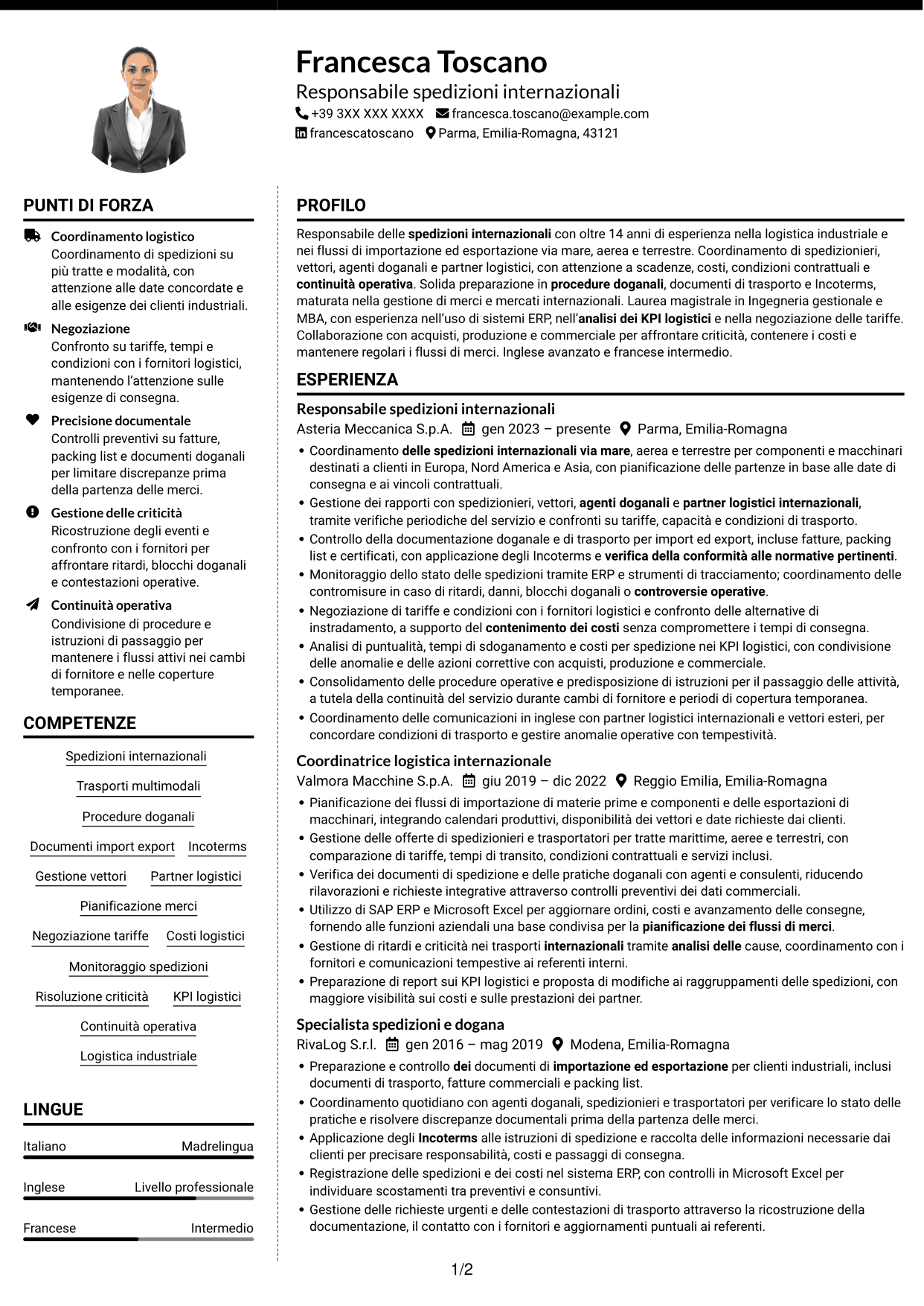 CV Moderno (formato a due colonne con foto a sinistra e separatore): Responsabile spedizioni internazionali, pagina 1