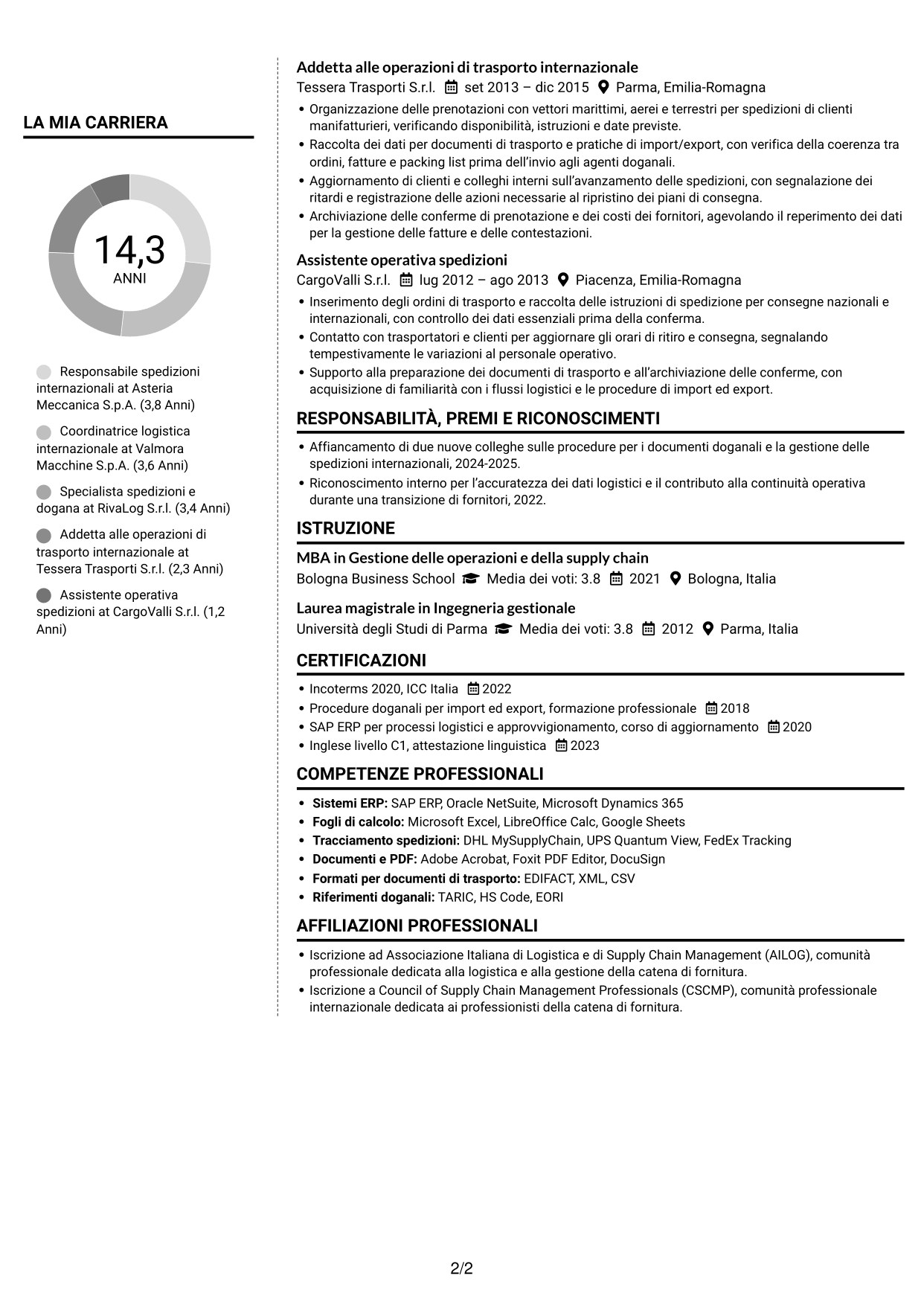 CV Moderno (formato a due colonne con foto a sinistra e separatore): Responsabile spedizioni internazionali, pagina 2