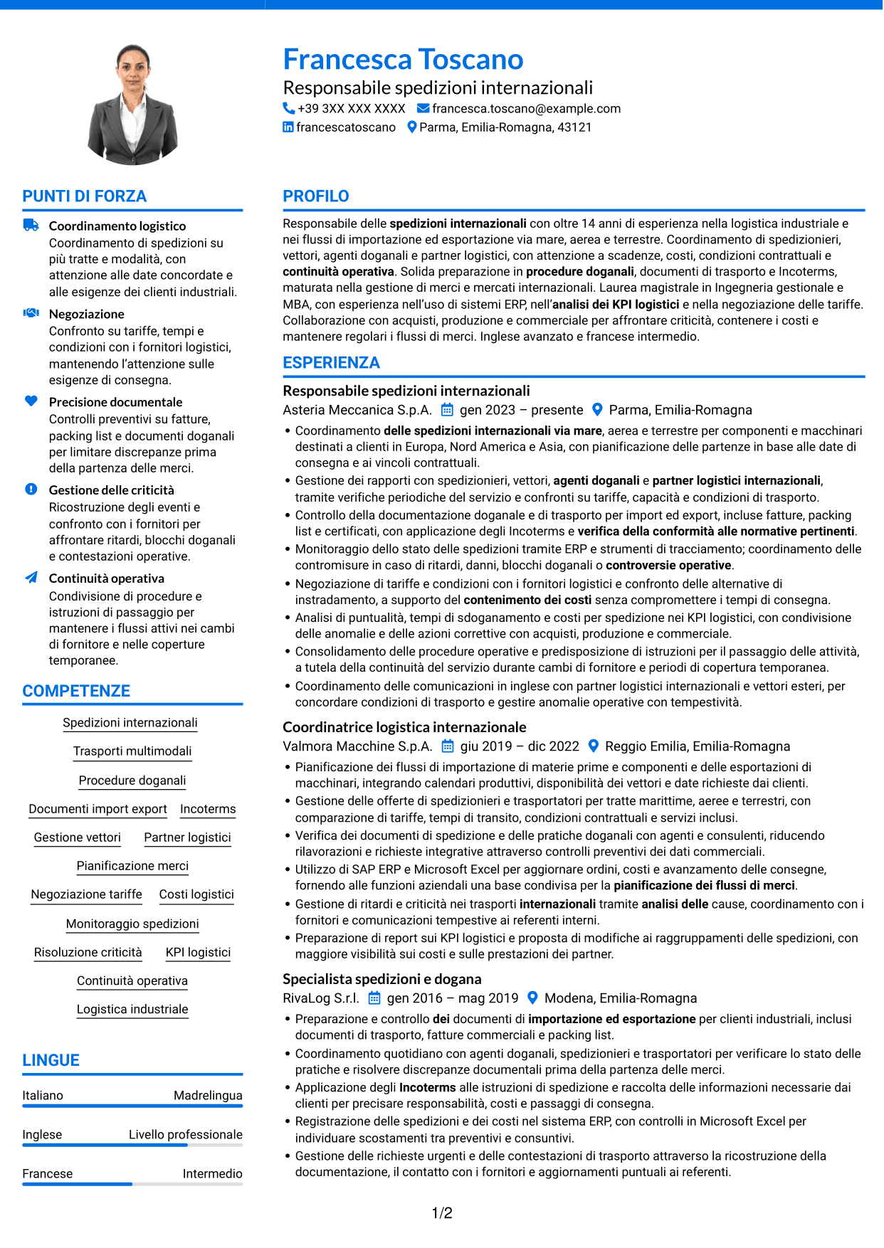 CV Audace (formato a due colonne con accenti colorati e foto): Responsabile spedizioni internazionali, pagina 1