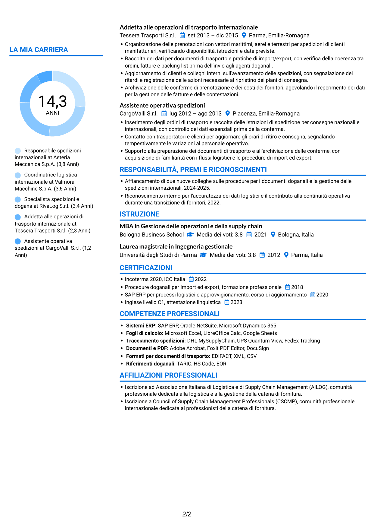 CV Audace (formato a due colonne con accenti colorati e foto): Responsabile spedizioni internazionali, pagina 2