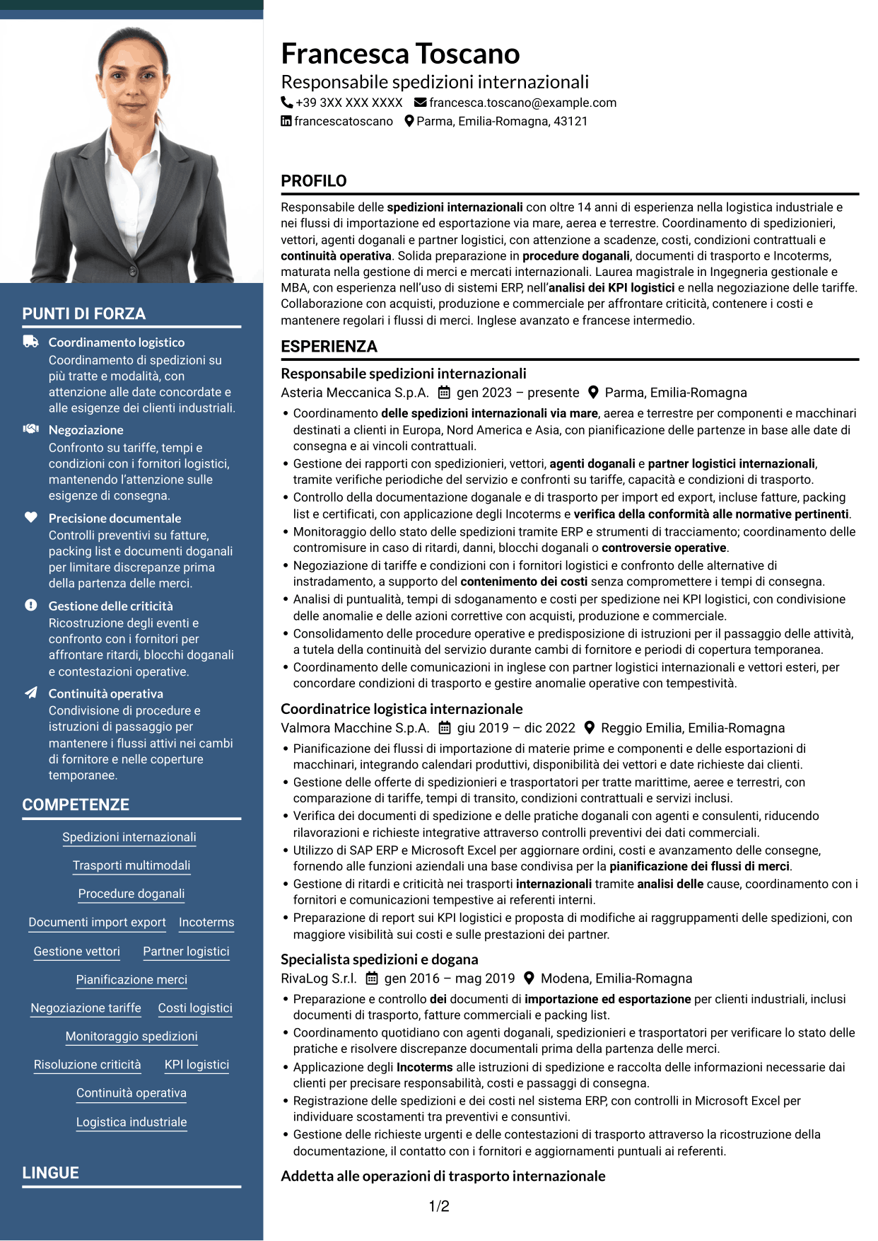 CV Signature (formato con colonna laterale colorata e foto grande): Responsabile spedizioni internazionali, pagina 1