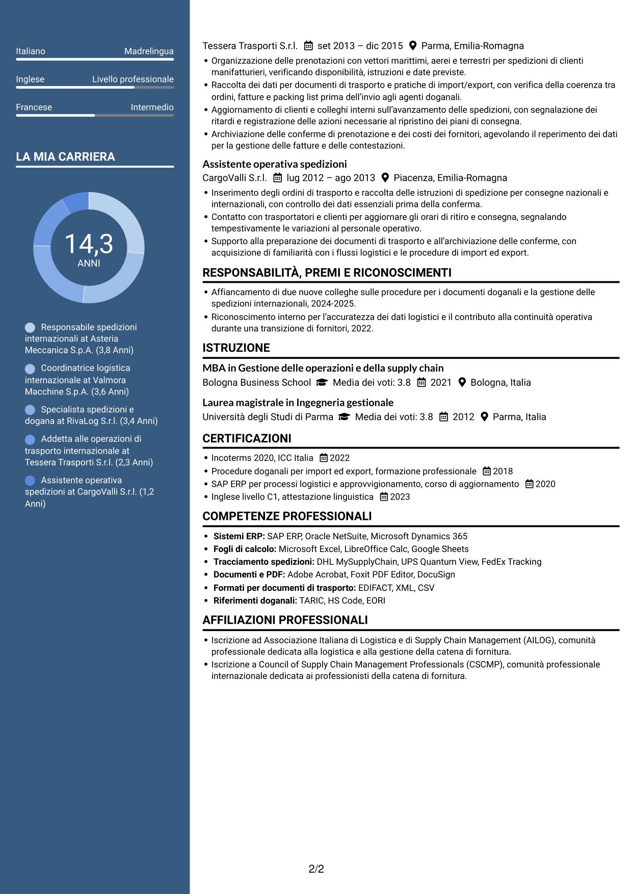 CV Signature (formato con colonna laterale colorata e foto grande): Responsabile spedizioni internazionali, pagina 2