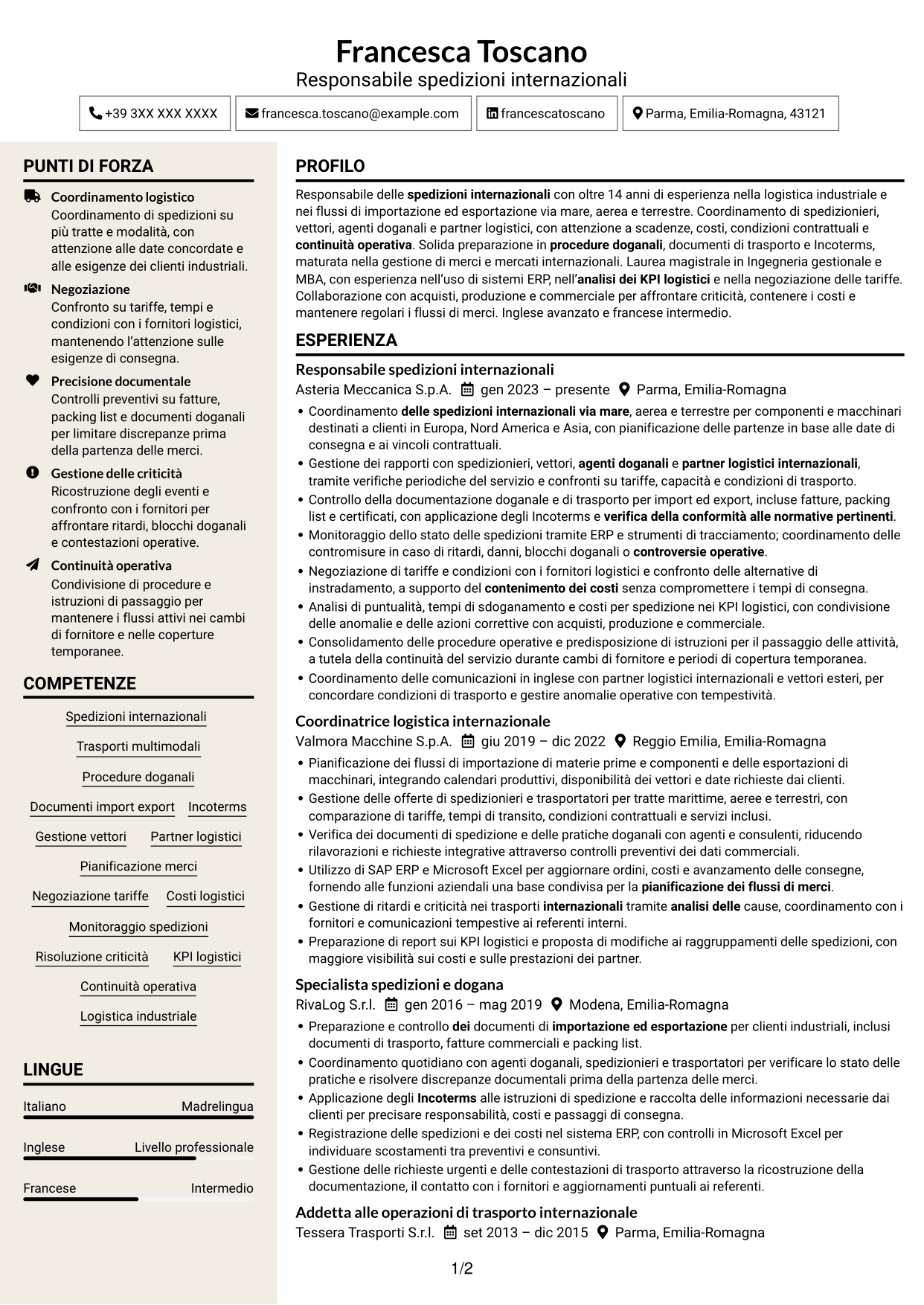 CV Intraprendente (formato a due colonne con intestazione centrata senza foto): Responsabile spedizioni internazionali, pagina 1