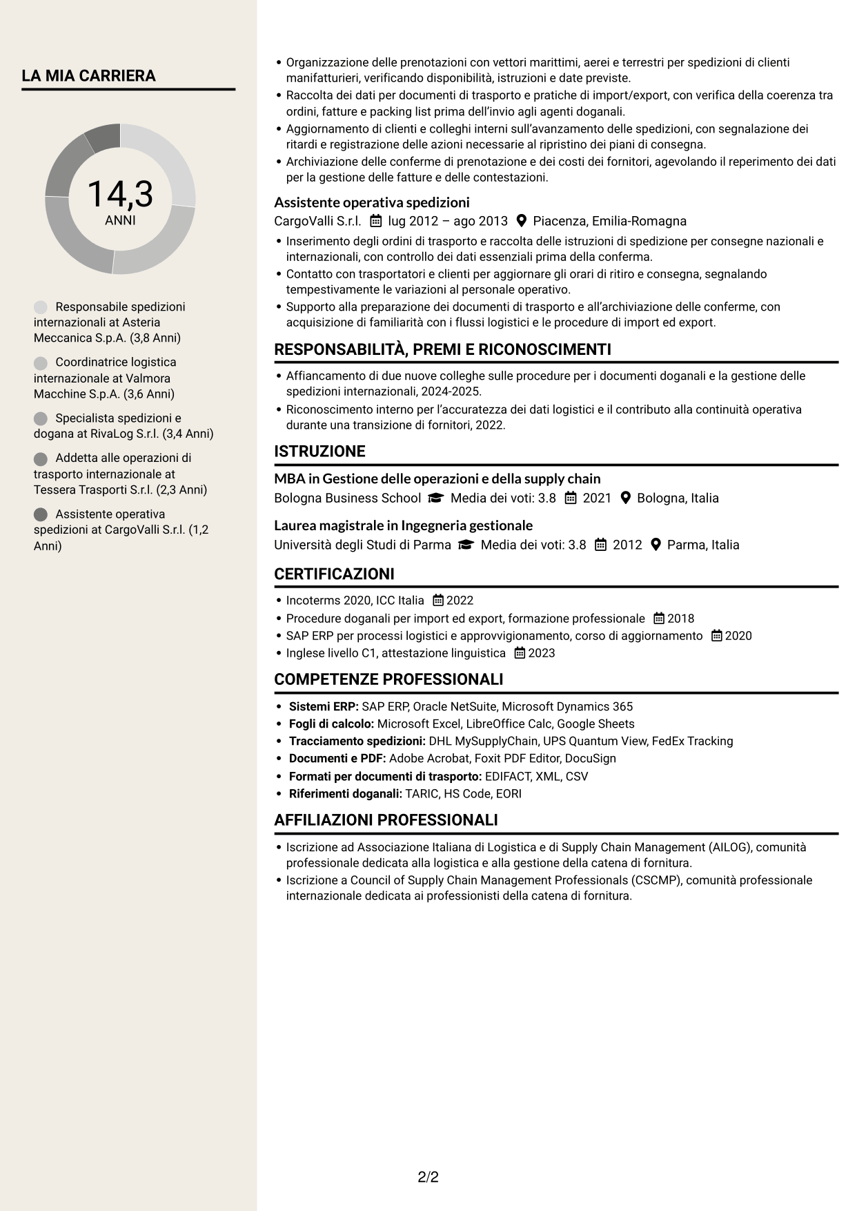 CV Intraprendente (formato a due colonne con intestazione centrata senza foto): Responsabile spedizioni internazionali, pagina 2